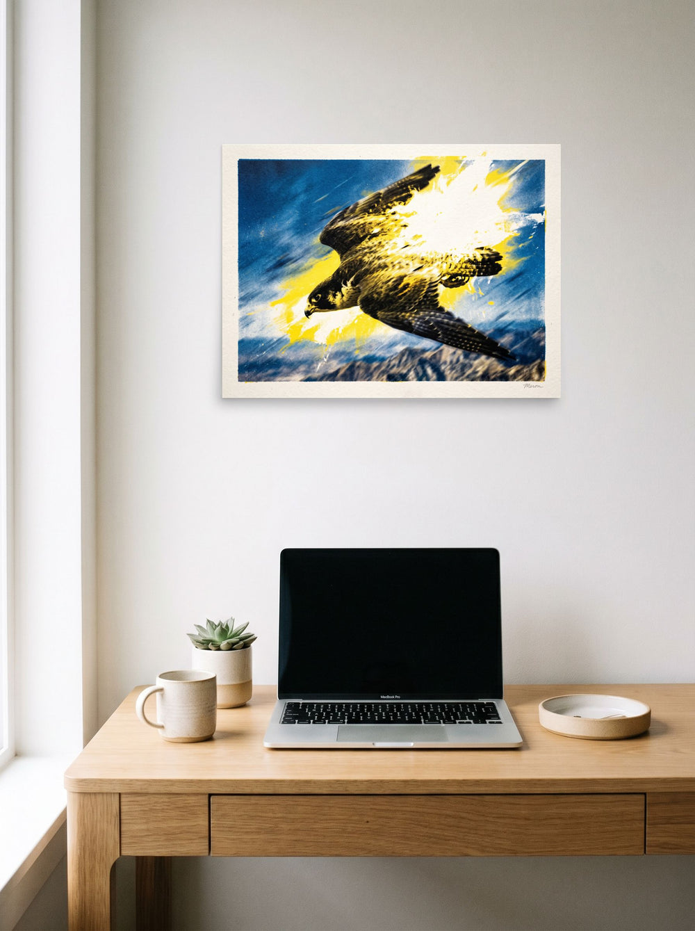 'Velocity', a Pop art print hanging above a worktable with a laptop. Shown as unframed paper, 24x18 inch.