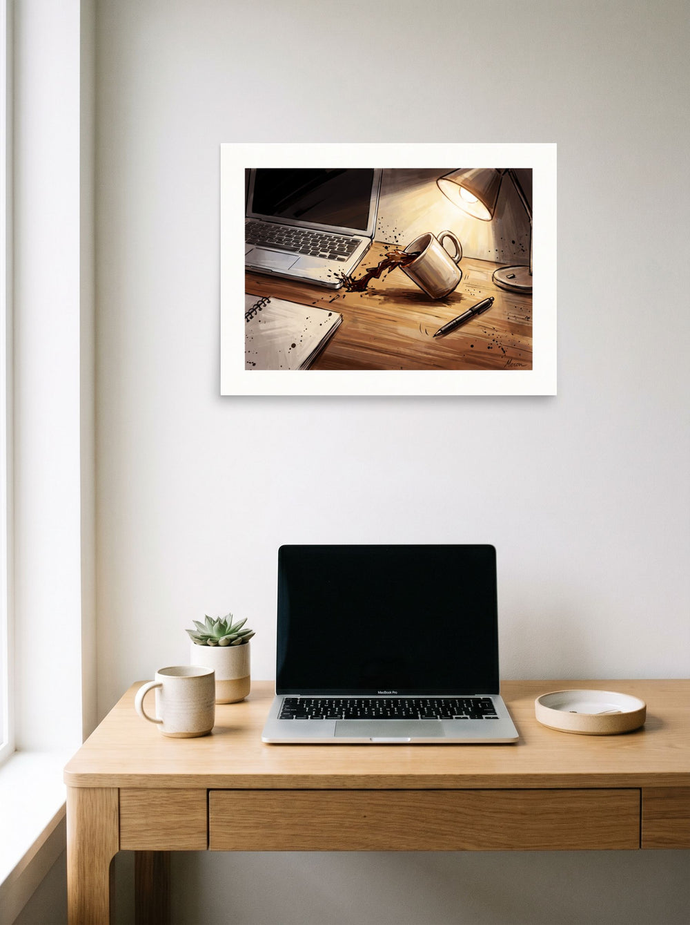 unframed paper wall art 'The Coffee Spill' displayed over a compact desk setup, at 24x18 inch.