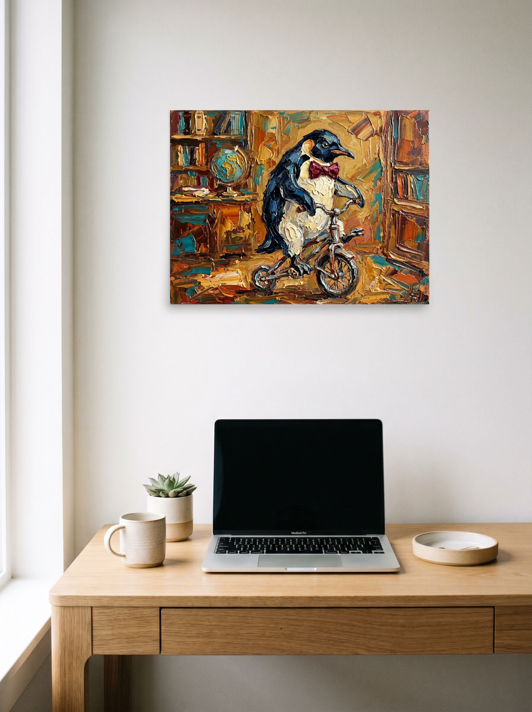 A 24x18 inch unframed paper Impressionism print of 'The Educated Penguin' hanging above a worktable with a laptop.