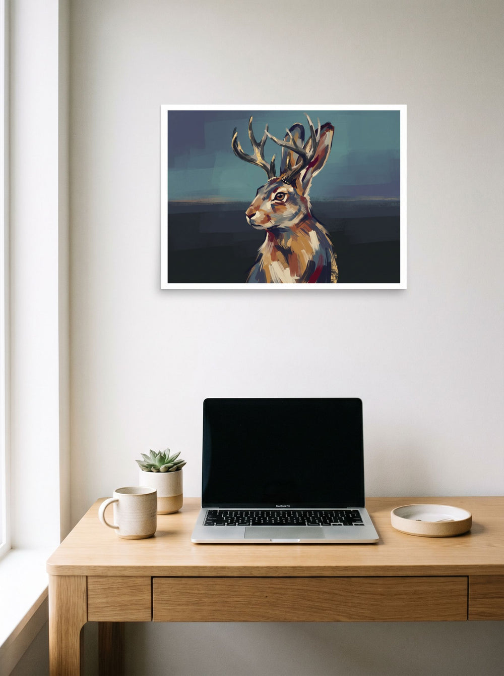 See 'Sentinel Jackalope' as a unframed paper print (24x18 inch), displayed over a compact desk setup.