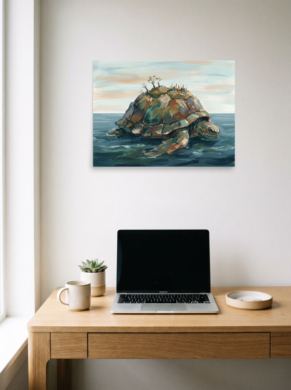 'The World Bearer' displayed over a compact desk setup, printed as unframed paper at 24x18 inch.