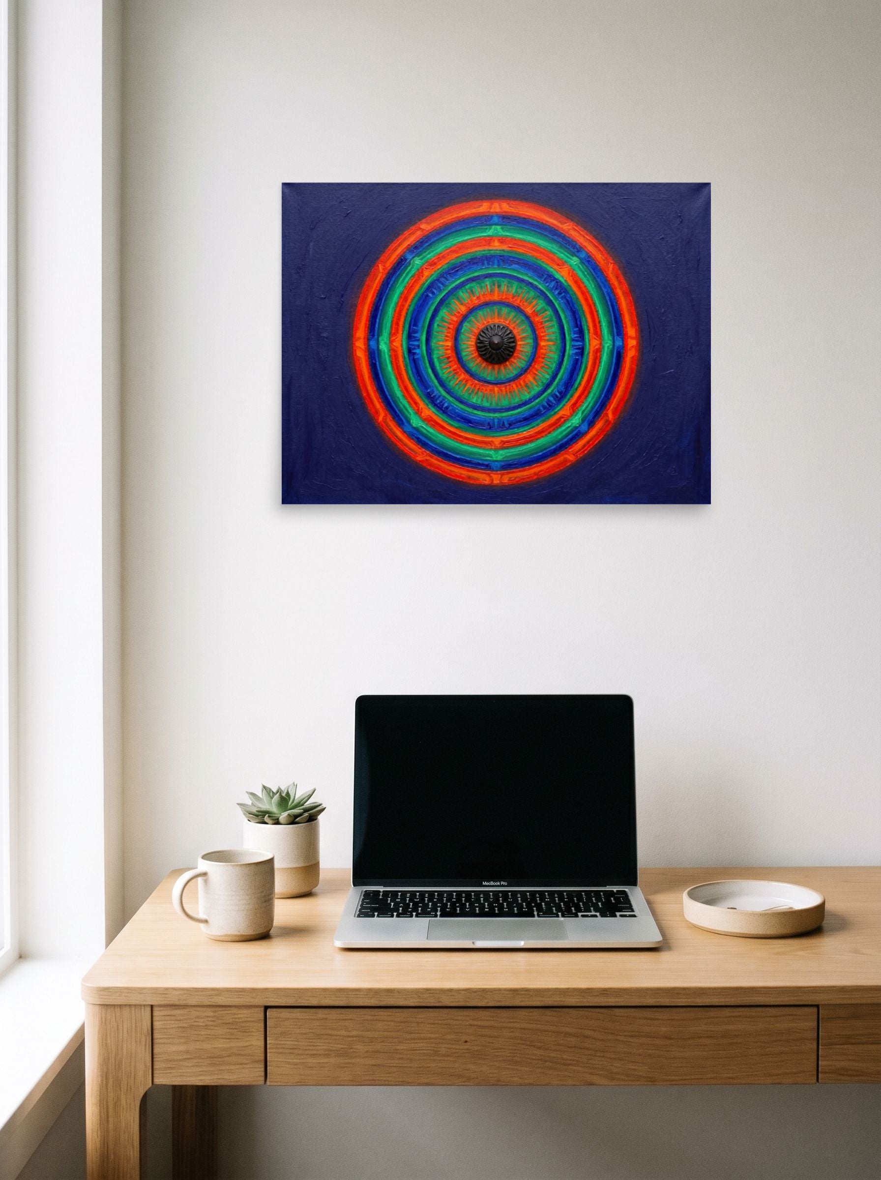A 24x18 inch unframed paper Op Art print of 'Chromatic Pulse' hanging above a worktable with a laptop.