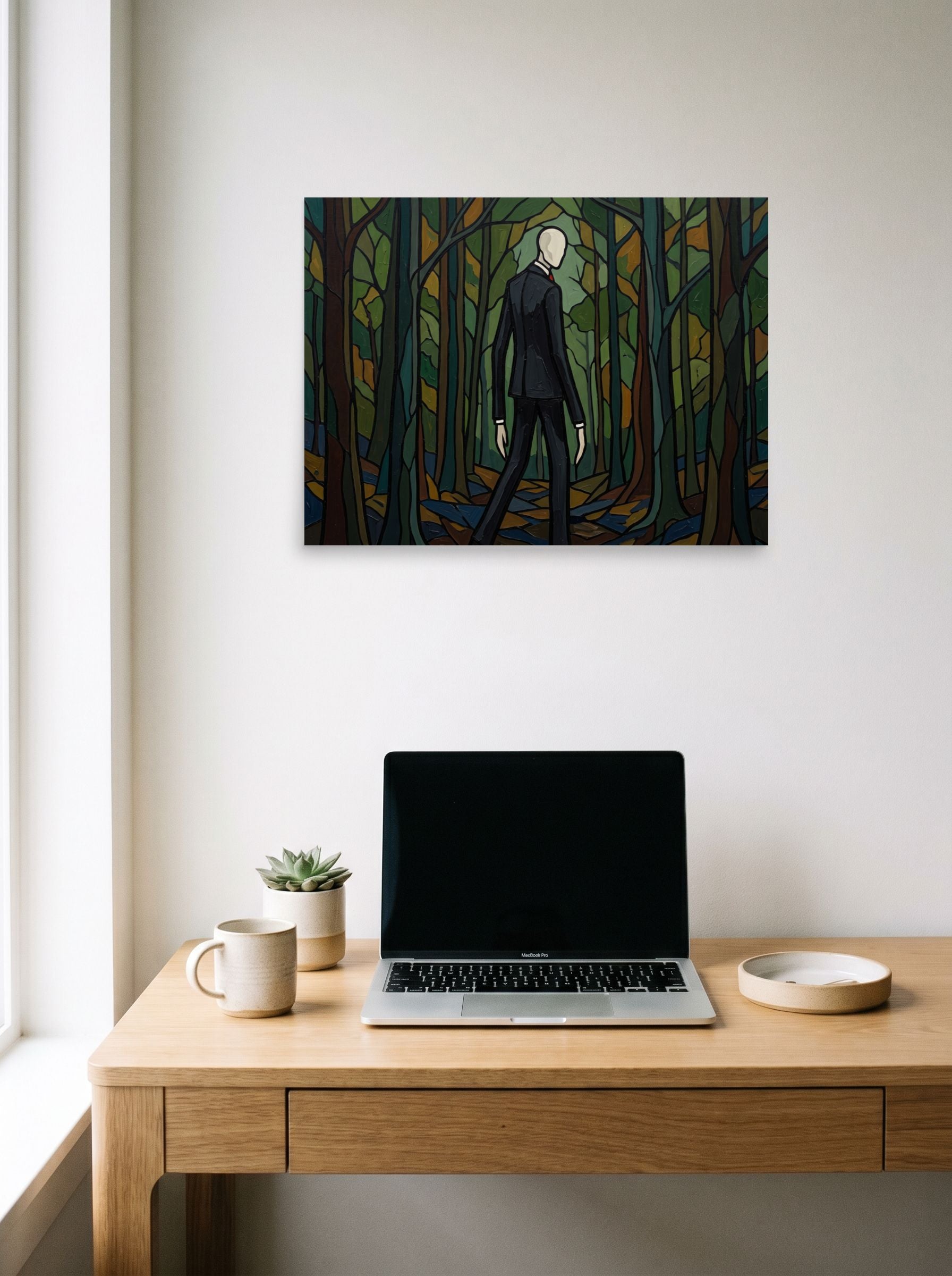 A 24x18 inch unframed paper Cloisonnism,Pop art print of 'The Faceless Figure' hanging above a worktable with a laptop.