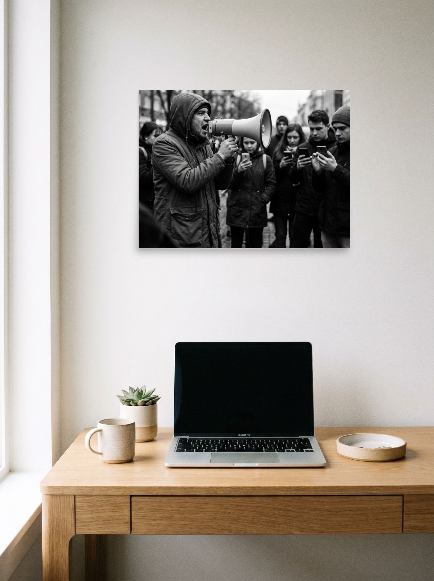 A 24x18 inch unframed paper Art photography print of 'Deafening Silence' hanging above a worktable with a laptop.