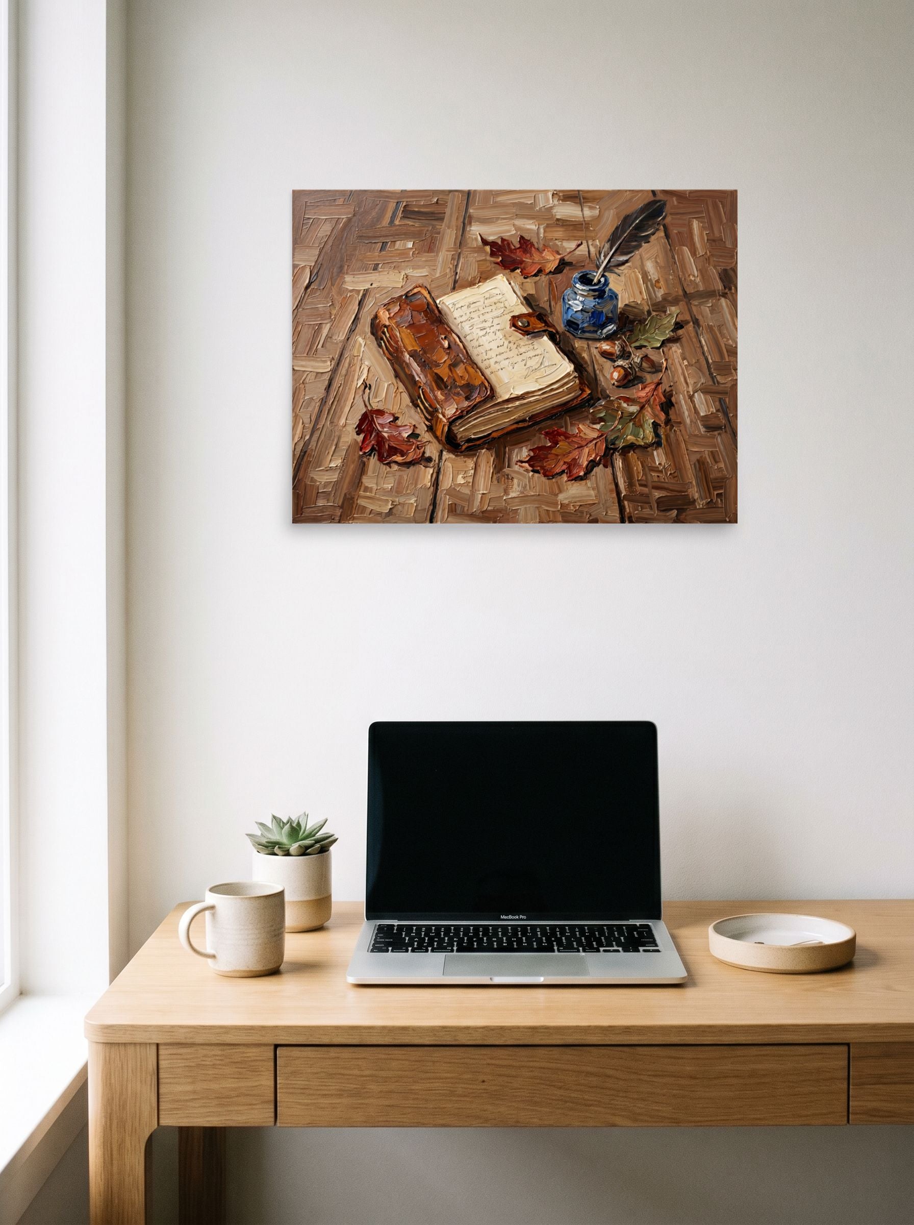 A 24x18 inch unframed paper Impressionism print of 'Chronicles in Oak' hanging above a worktable with a laptop.