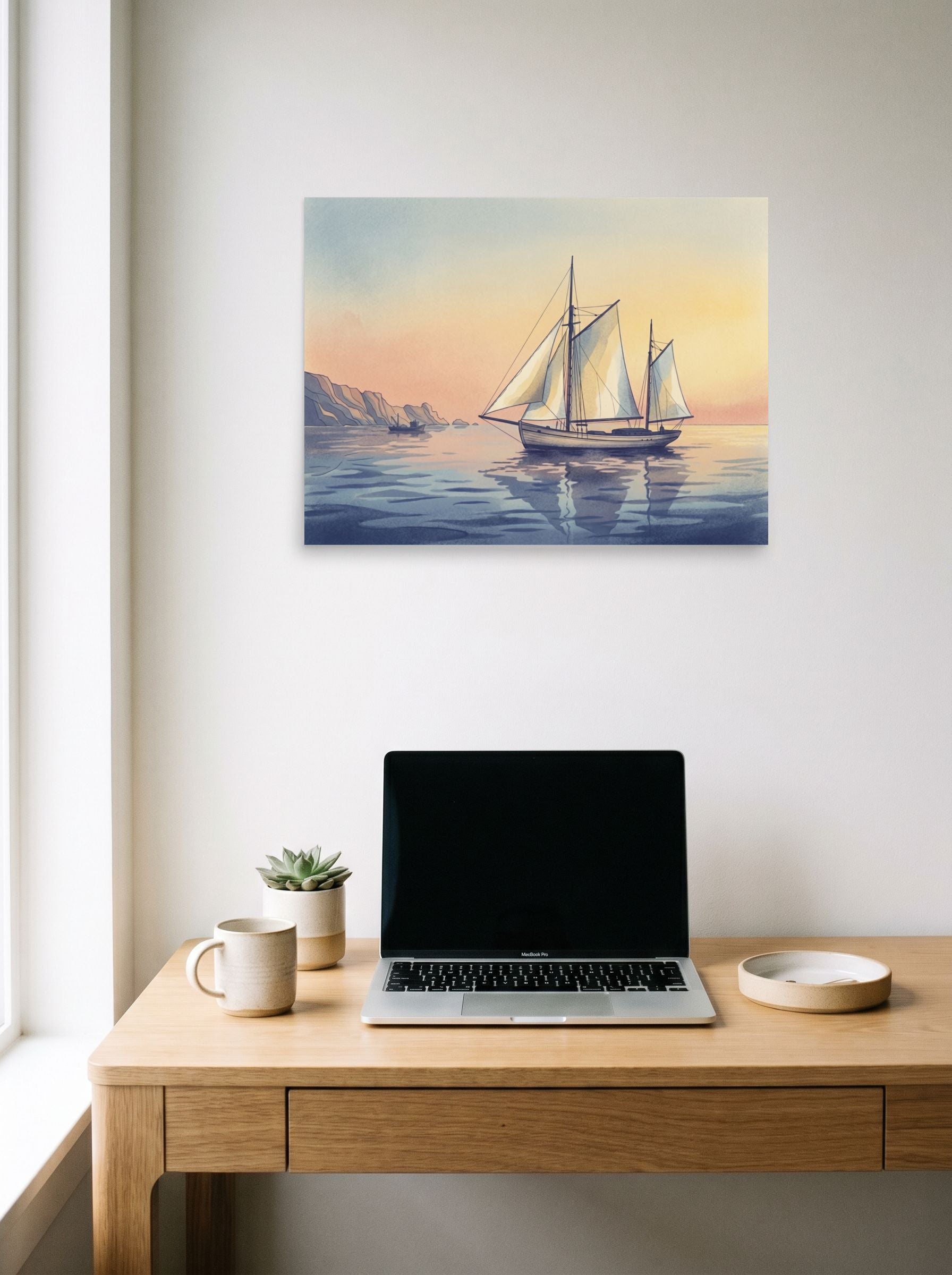 A 24x18 inch unframed paper Impressionism print of 'Golden Voyage' hanging above a worktable with a laptop.