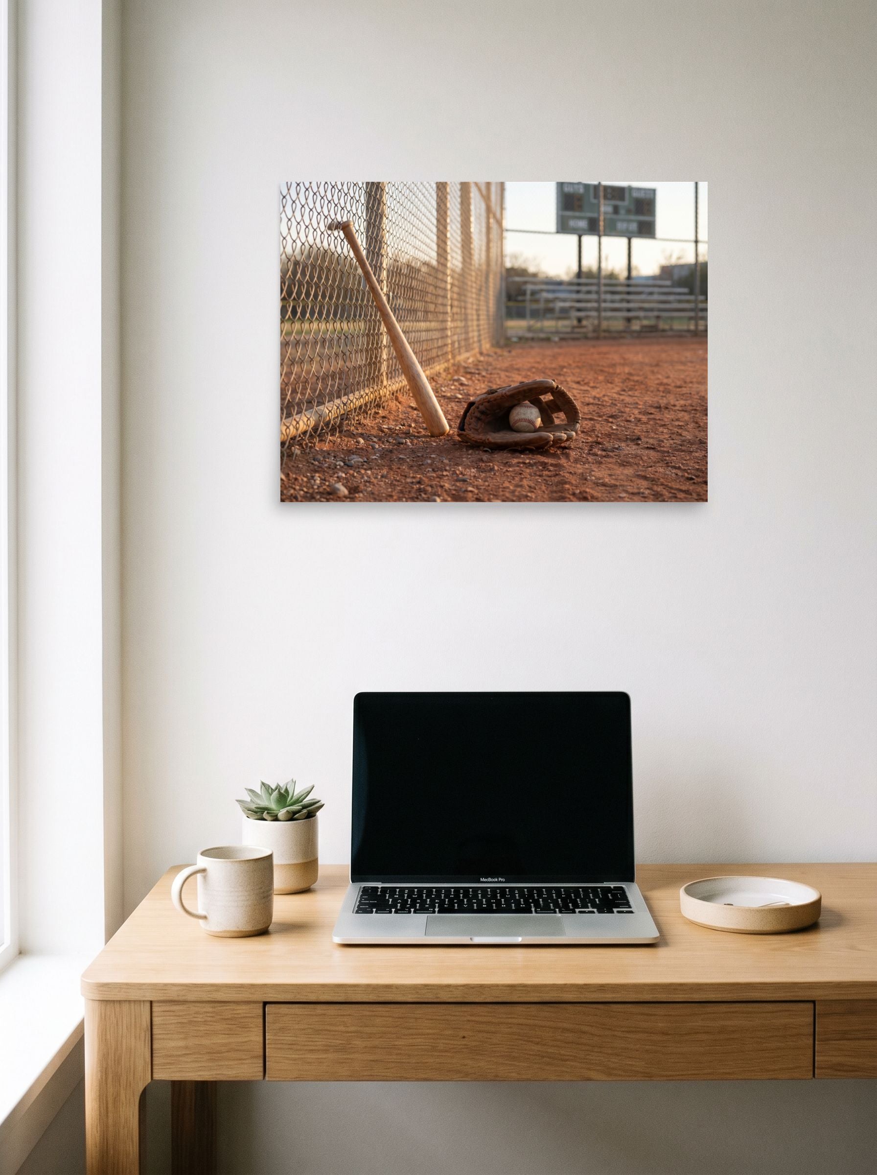 A 24x18 inch unframed paper Art photography print of 'Field of Memories' hanging above a worktable with a laptop.