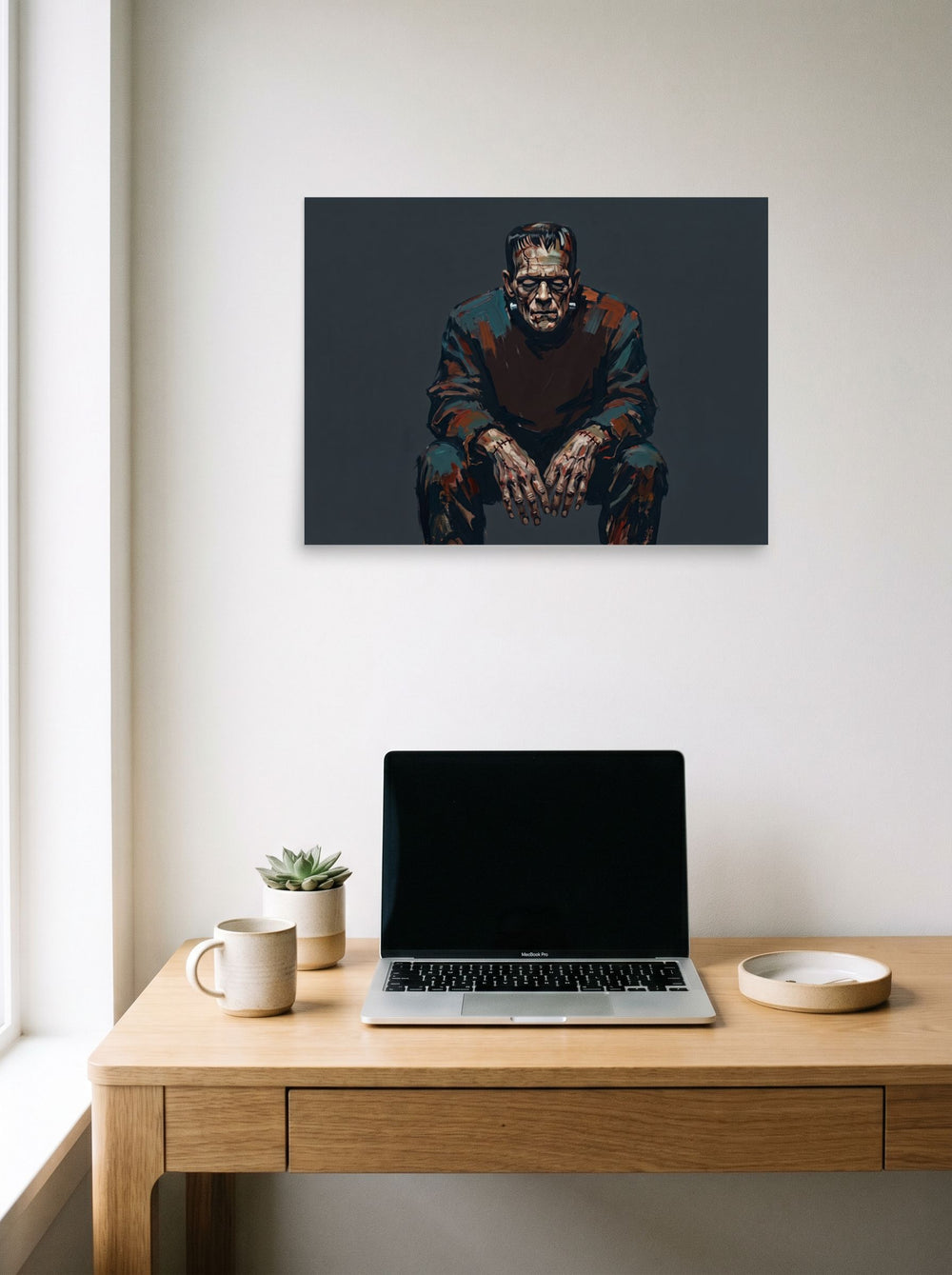 Mockup of 'Frankenstein's Solitude' as a 24x18 inch unframed paper print, displayed over a compact desk setup.