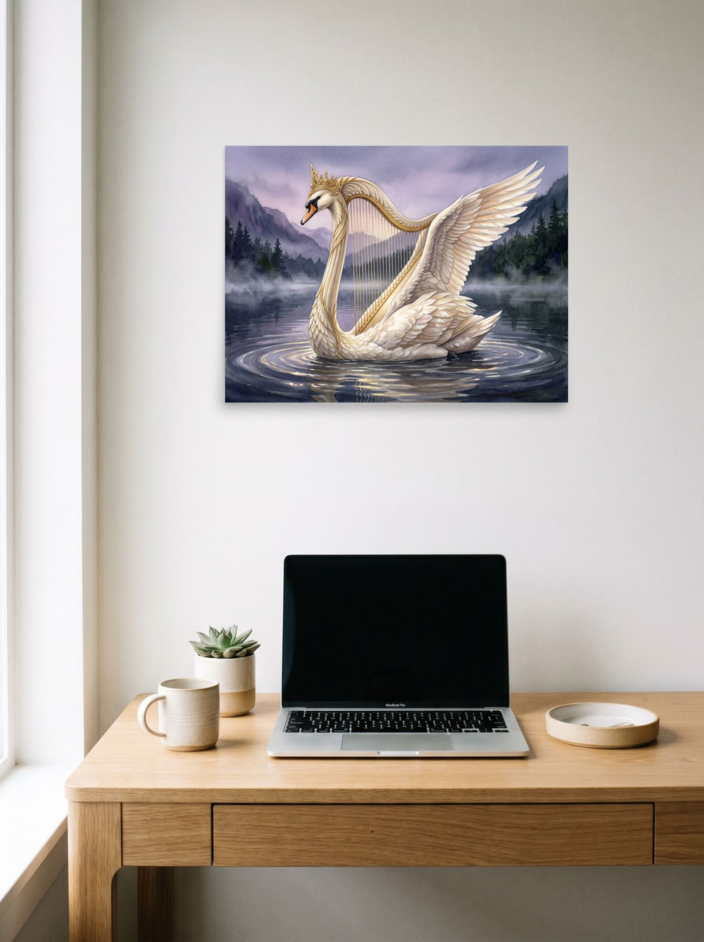 'The Swan's Serenade' in 24x18 inch unframed paper, hanging above a worktable with a laptop.