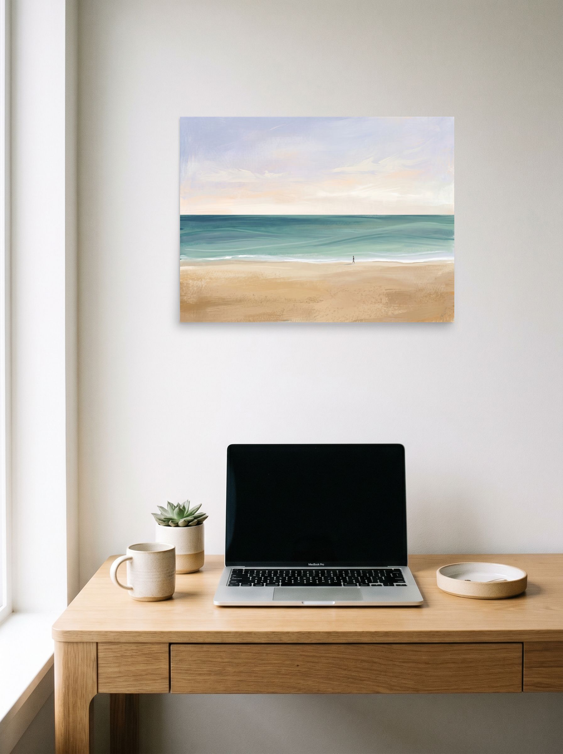 A 24x18 inch unframed paper Minimalism,Impressionism print of 'Solitary Shore' hanging above a worktable with a laptop.