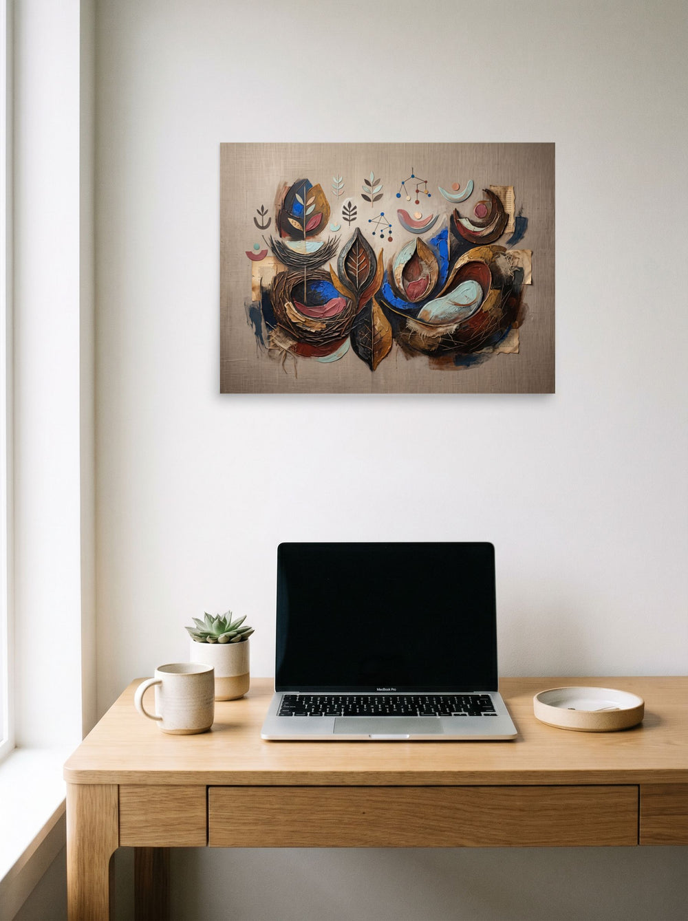 'Organic Cadence and Leaf' displayed over a compact desk setup. A 24x18 inch unframed paper Abstract art print.
