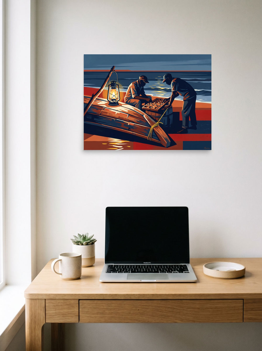 unframed paper wall art 'Lanterns by the Tide' displayed over a compact desk setup, at 24x18 inch.