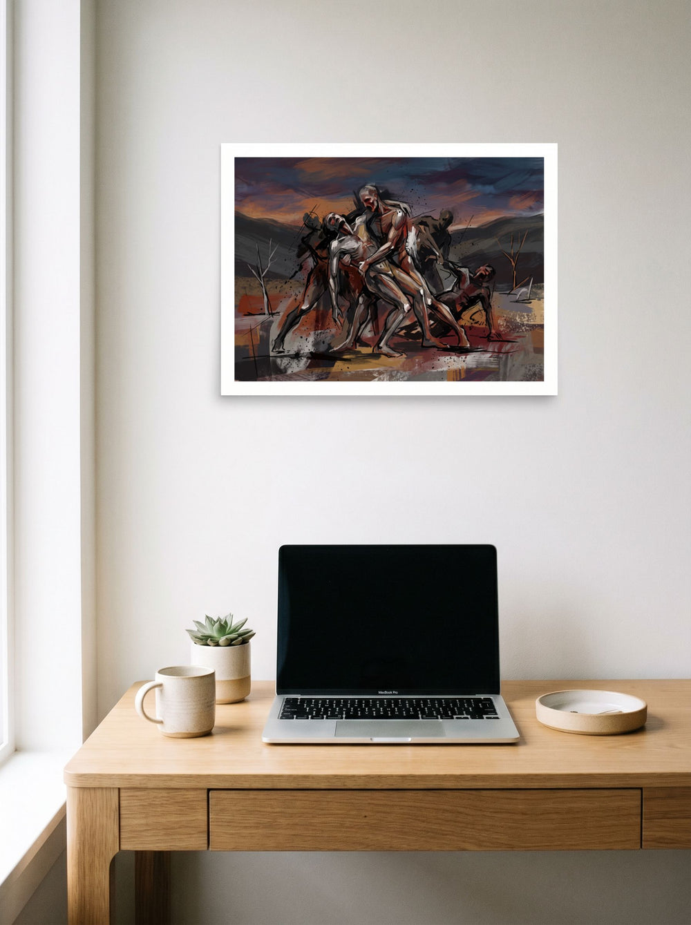 'The Fallen Hero' in 24x18 inch unframed paper, displayed over a compact desk setup.