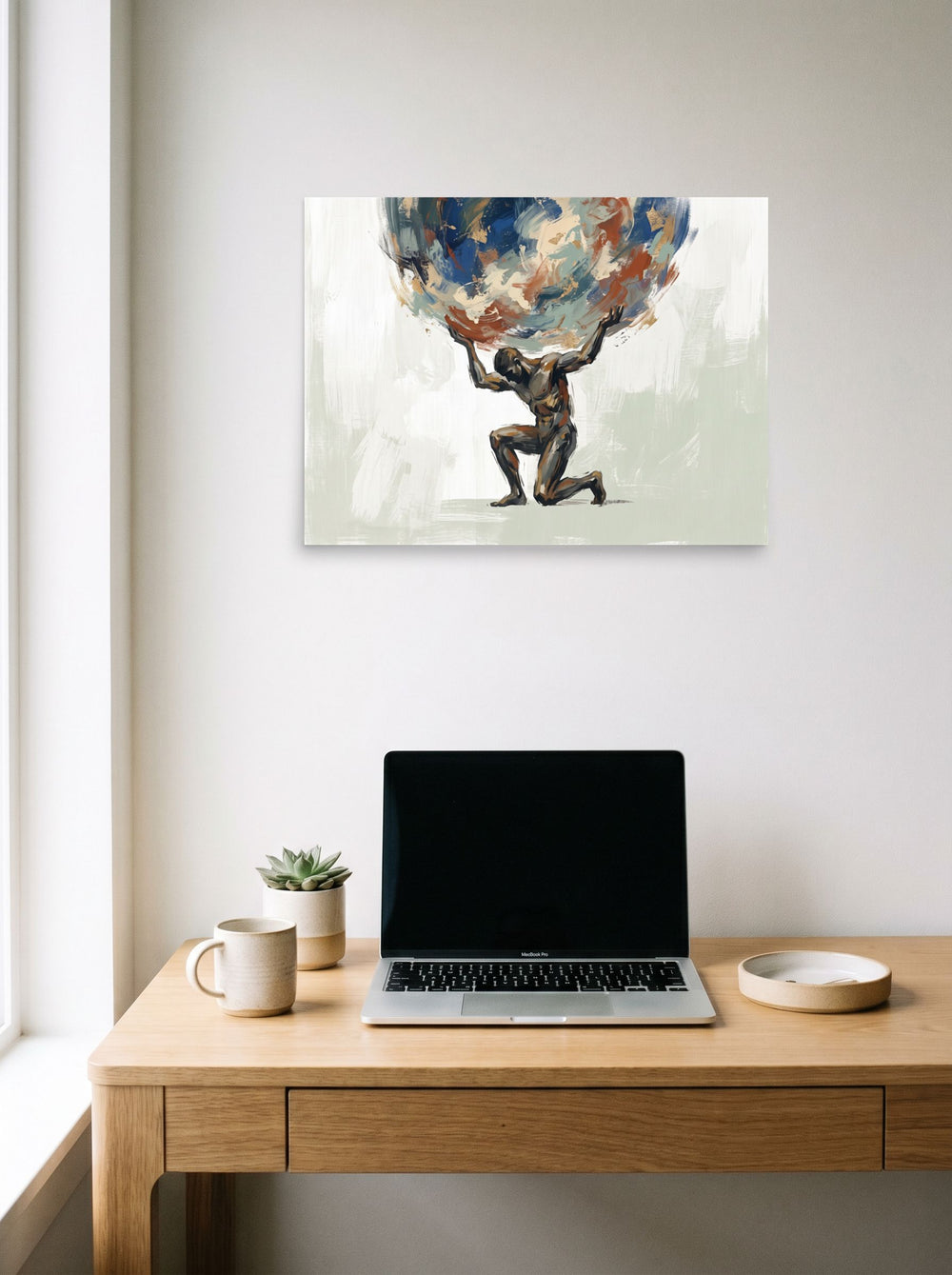 A 24x18 inch unframed paper Expressionism print of 'The Weight of the World', displayed over a compact desk setup.