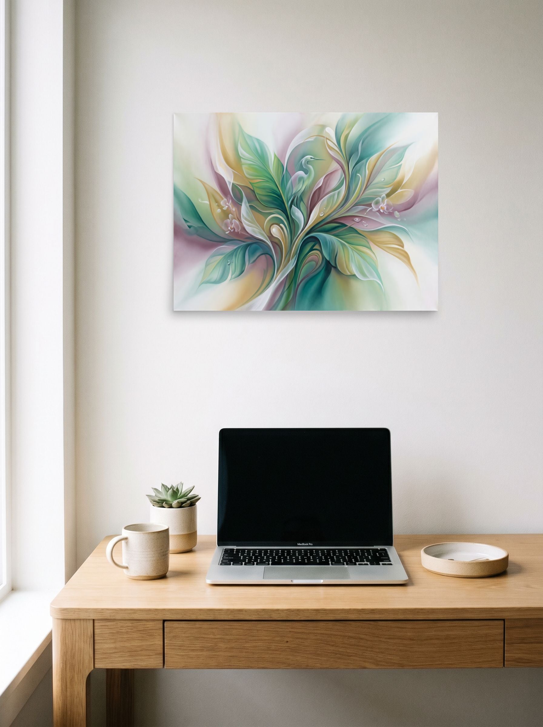 A 24x18 inch unframed paper Surrealism print of 'Emerald Sanctuary' hanging above a worktable with a laptop.
