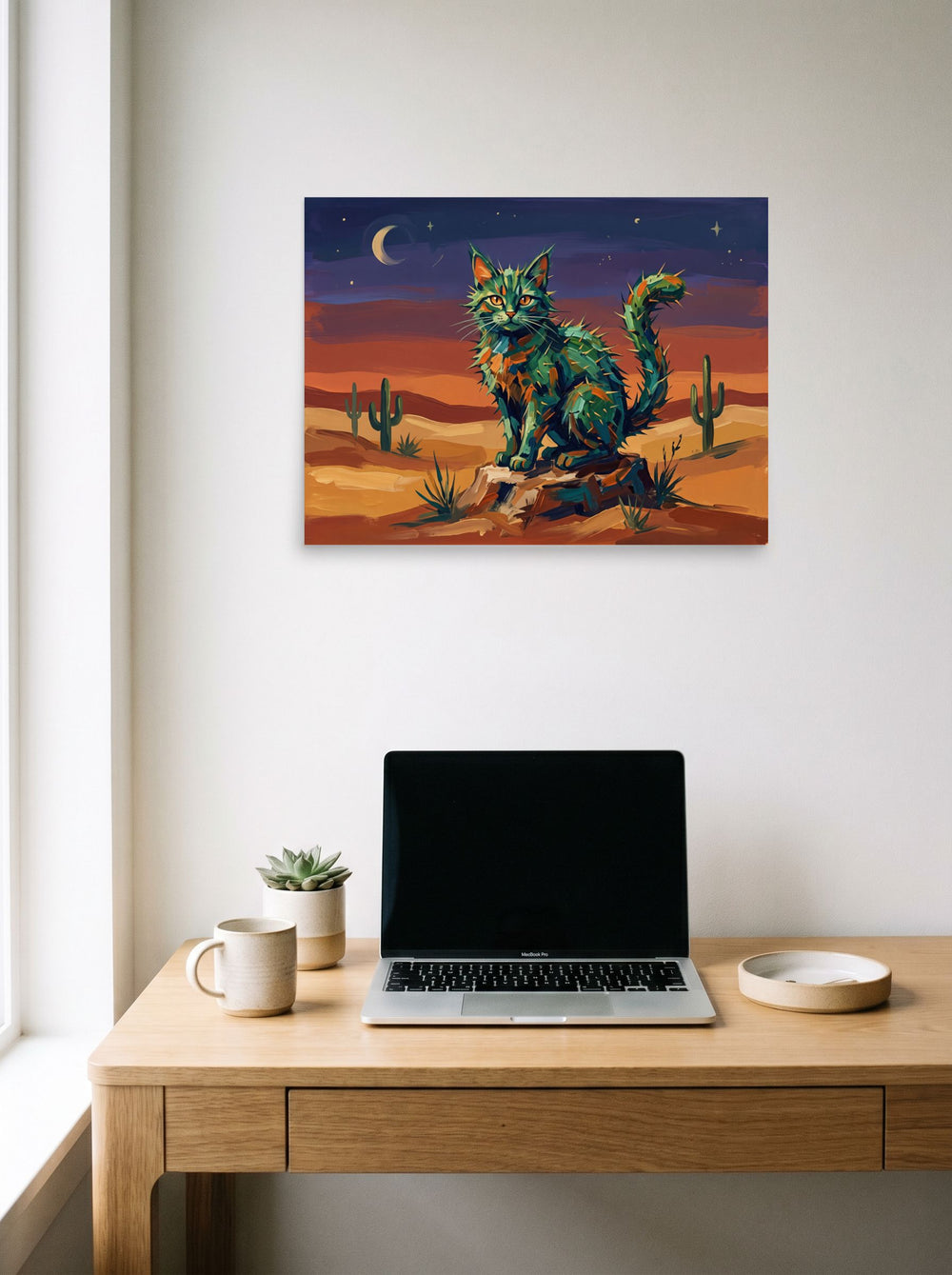 Mockup of 'The Cactus Cat' as a 24x18 inch unframed paper print, styled above a home-office workspace.