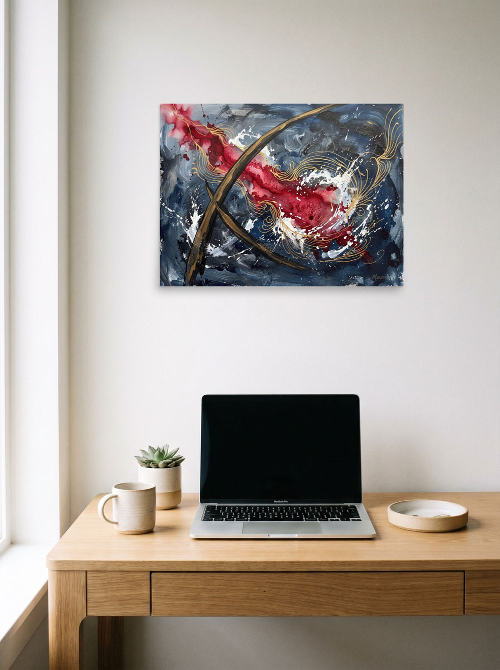 A 24x18 inch unframed paper Abstract expressionism print of 'Crimson Arcs & Slate Echoes', styled above a home-office workspace.