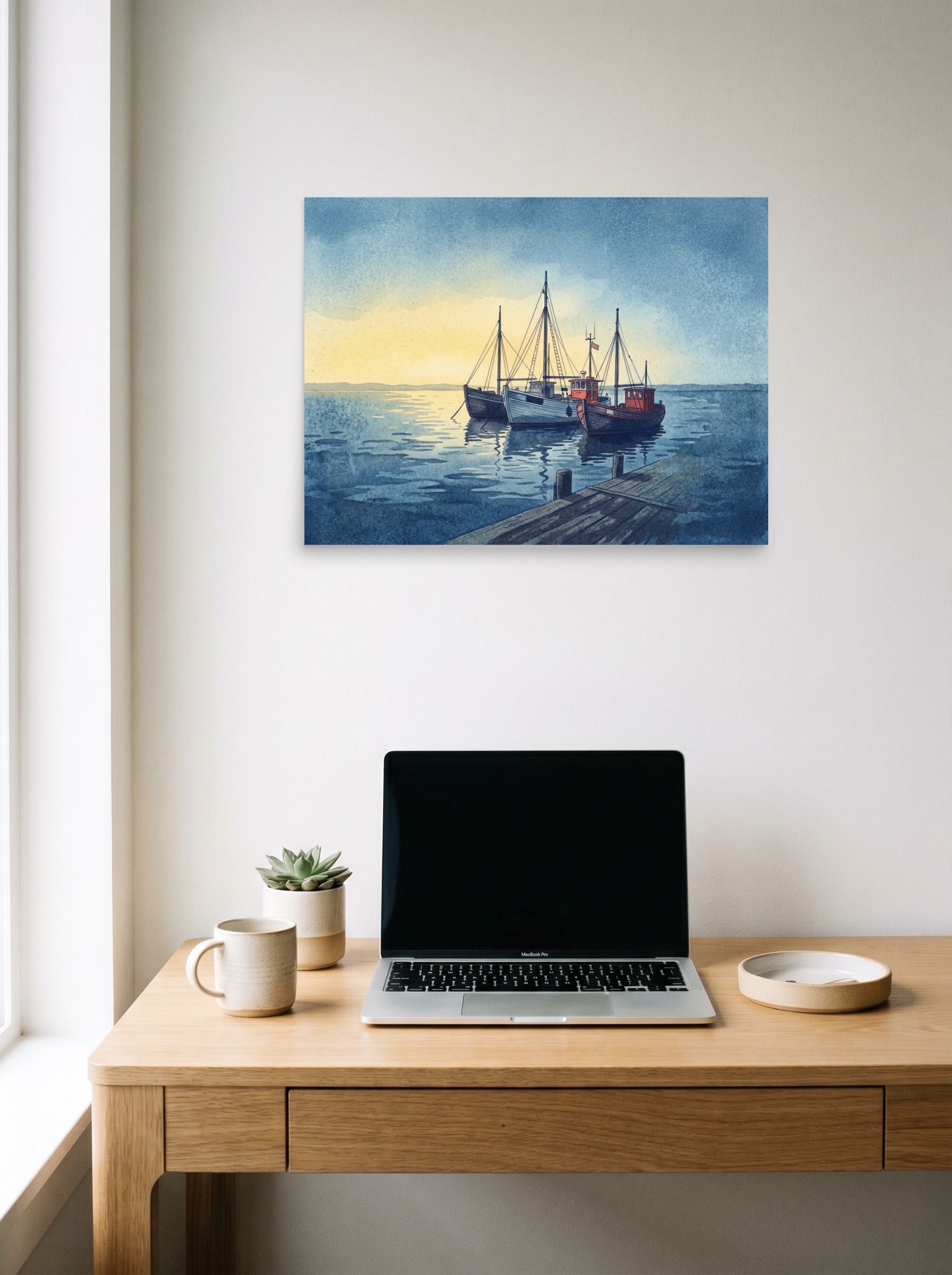 A 24x18 inch unframed paper Impressionism print of 'Harbor Rest' hanging above a worktable with a laptop.