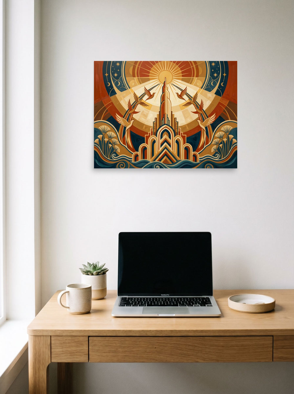 A 24x18 inch unframed paper Art Deco print of 'Deco Sunrise Flight' hanging above a worktable with a laptop.