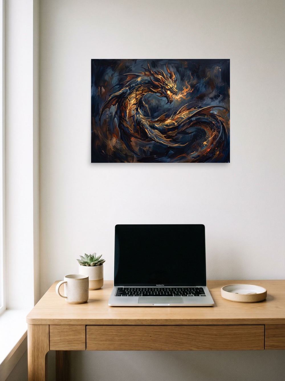 'Breath of Ember' styled above a home-office workspace. A 24x18 inch unframed paper Abstract expressionism print.