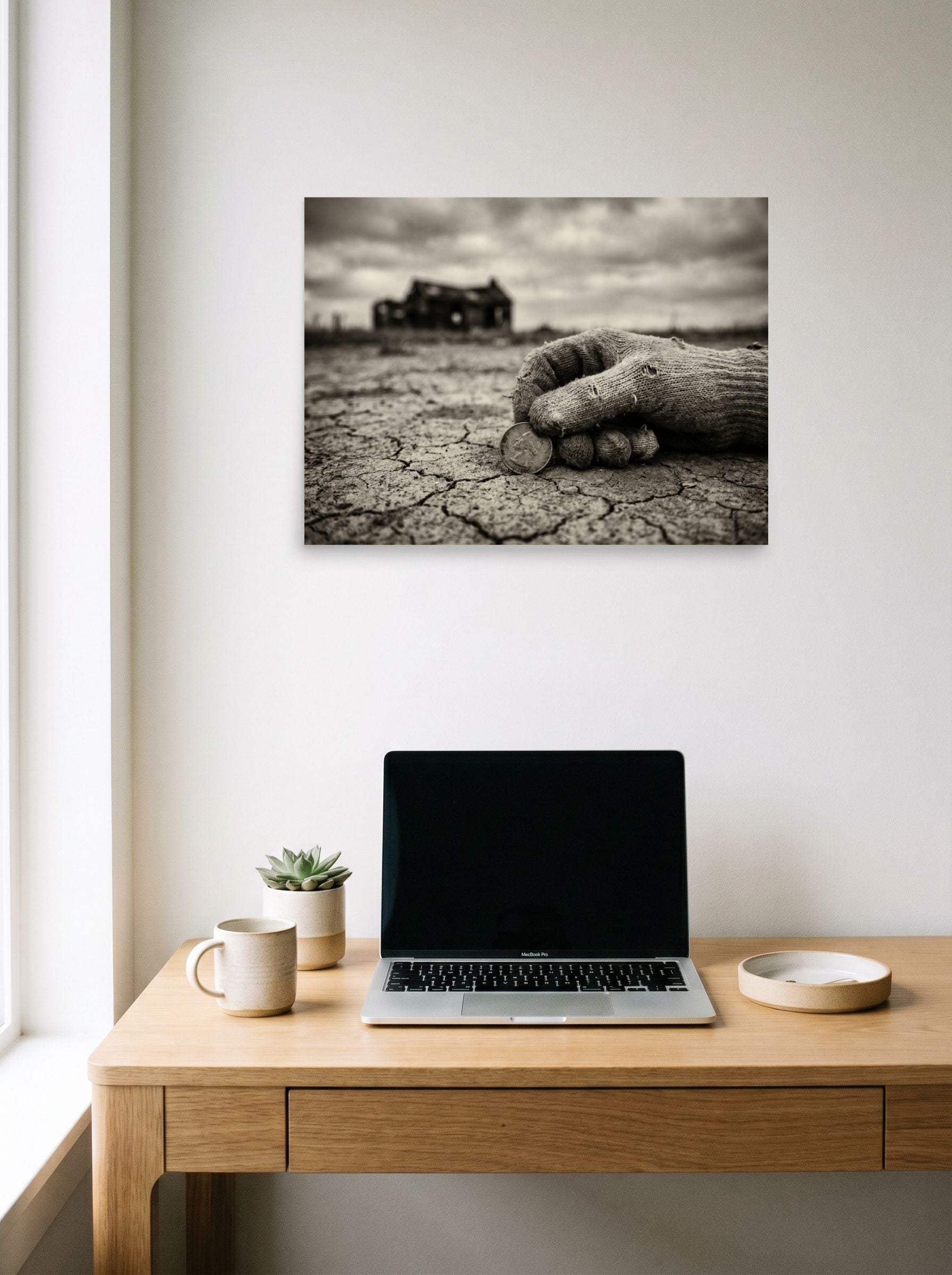 A 24x18 inch unframed paper American realism print of 'The Last Coin' hanging above a worktable with a laptop.