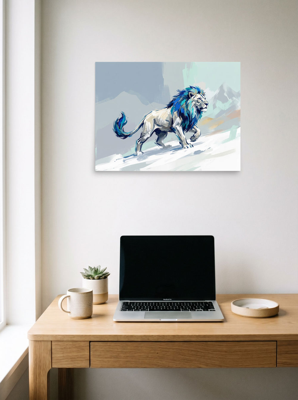 'Frost Guardian Lion', a Expressionism print hanging above a worktable with a laptop. Shown as unframed paper, 24x18 inch.