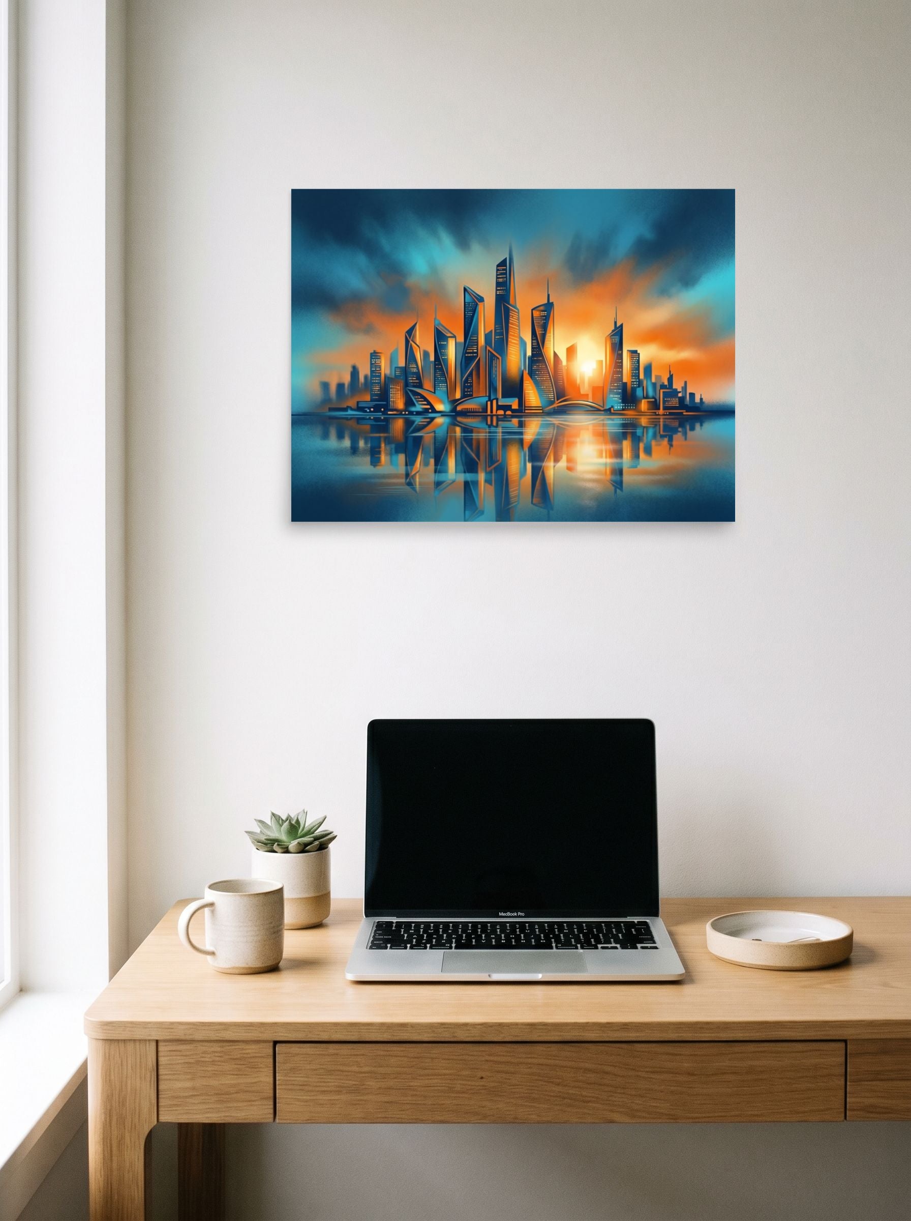 A 24x18 inch unframed paper Modernism print of 'Golden Hour Metropolis' hanging above a worktable with a laptop.