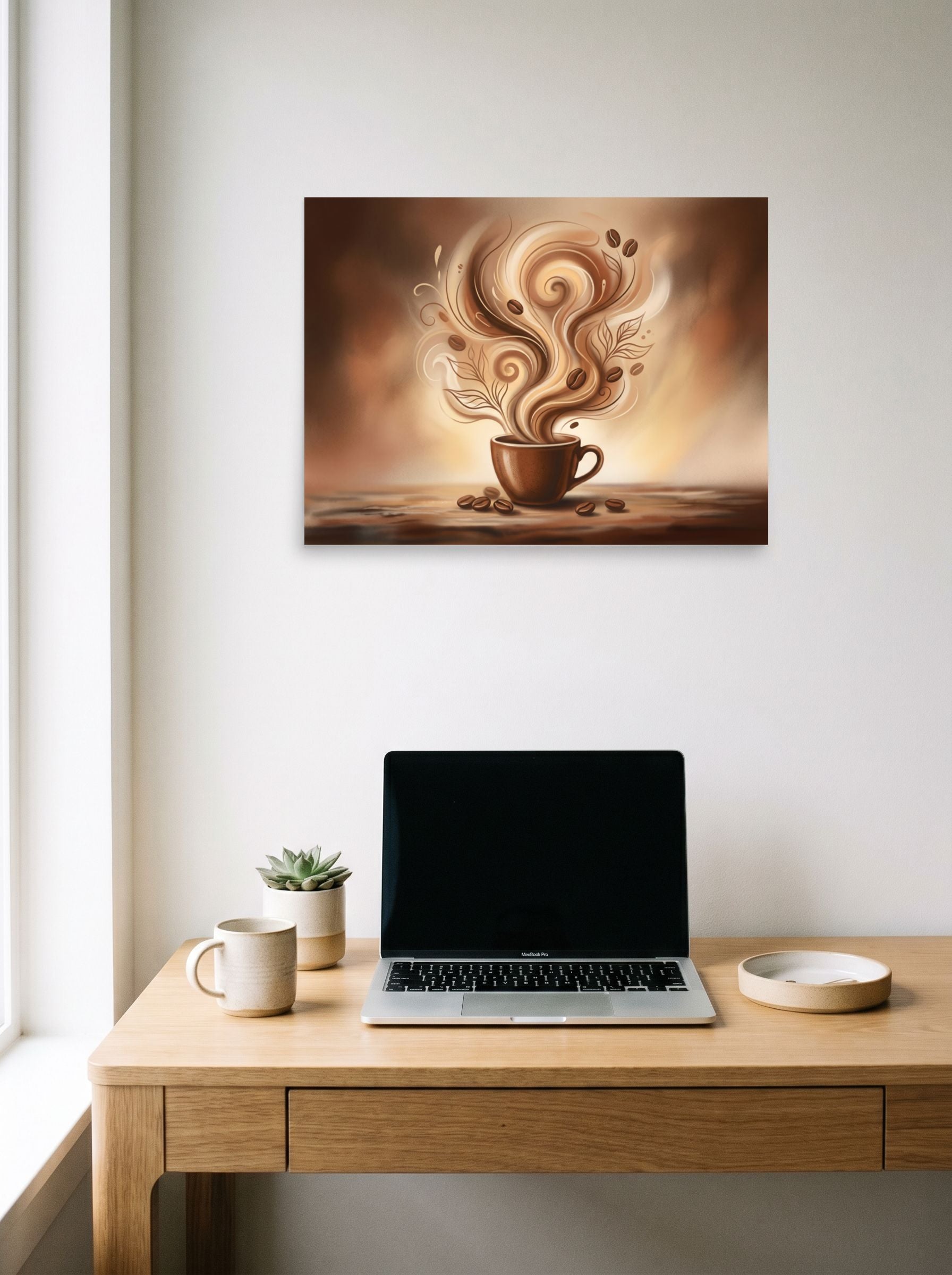 A 24x18 inch unframed paper Modernism print of 'Morning Swirl' hanging above a worktable with a laptop.