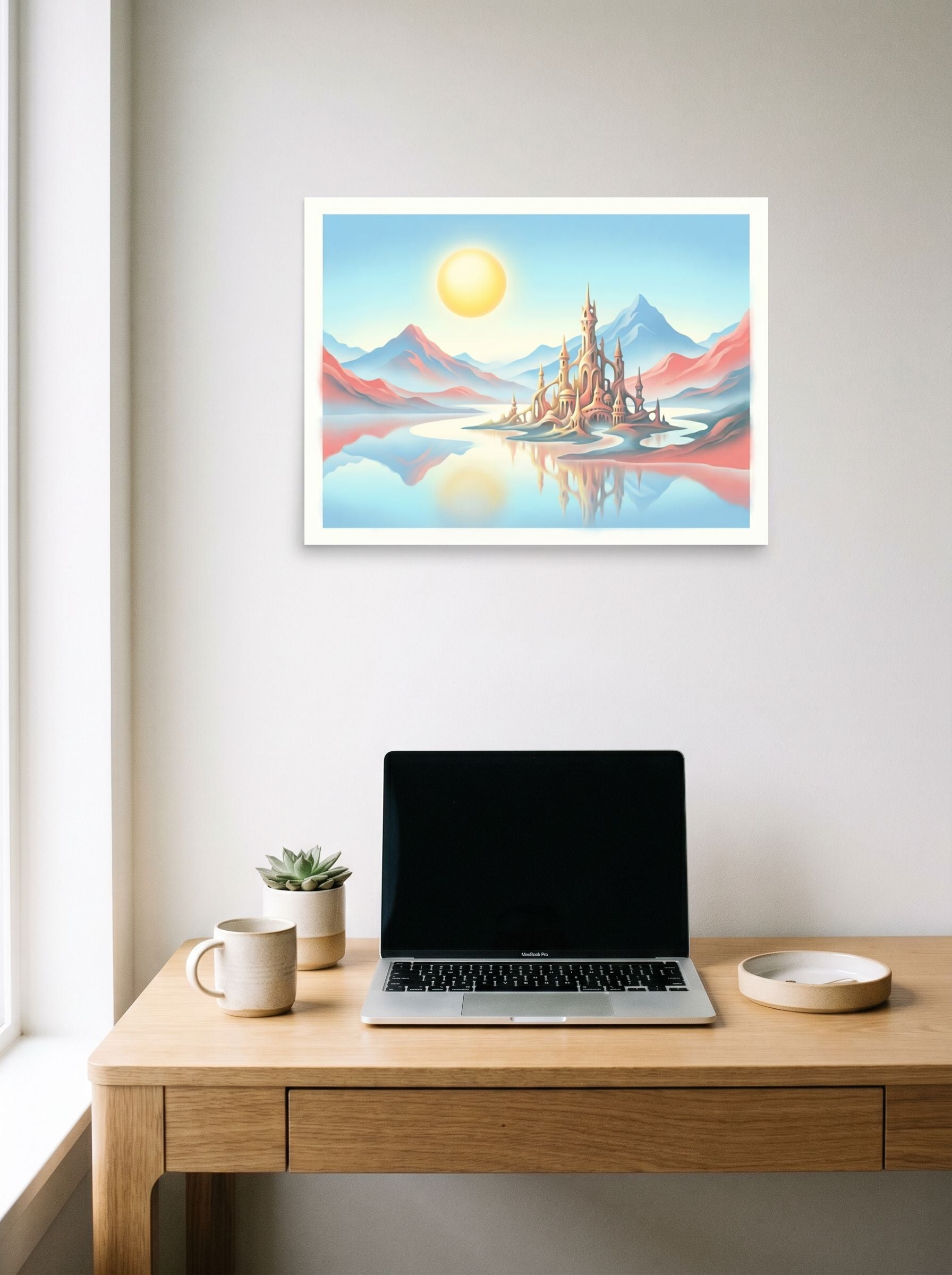 A 24x18 inch unframed paper Fantastic realism print of 'The Pastel Palace' hanging above a worktable with a laptop.