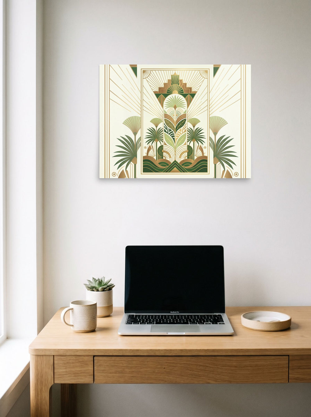 A 24x18 inch unframed paper Art Deco print of 'Golden Palm Deco' hanging above a worktable with a laptop.
