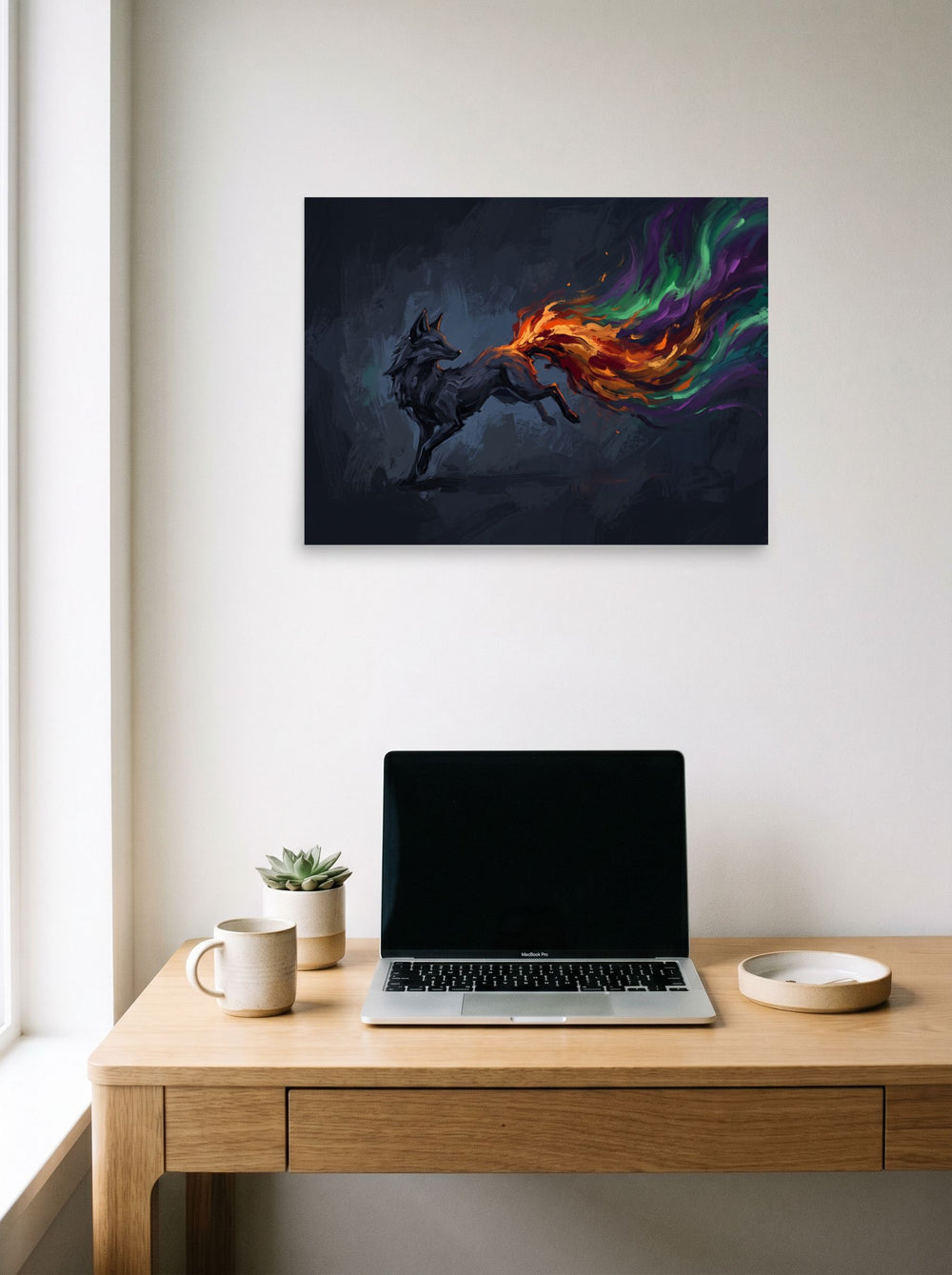 A unframed paper print of the Expressionism artwork 'The Spirit Fox', styled above a home-office workspace.