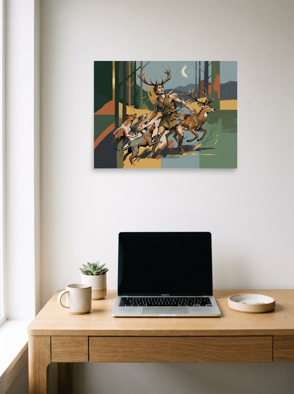 'Actaeon's Fate' styled above a home-office workspace. A 24x18 inch unframed paper Modernism print.