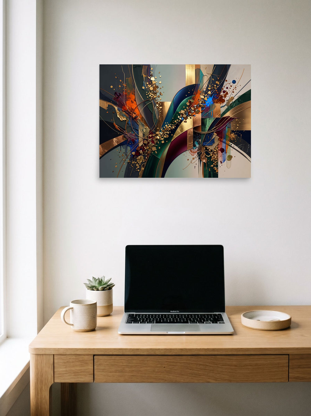 Mockup of 'Golden Trajectory and Flow' as a 24x18 inch unframed paper print, displayed over a compact desk setup.