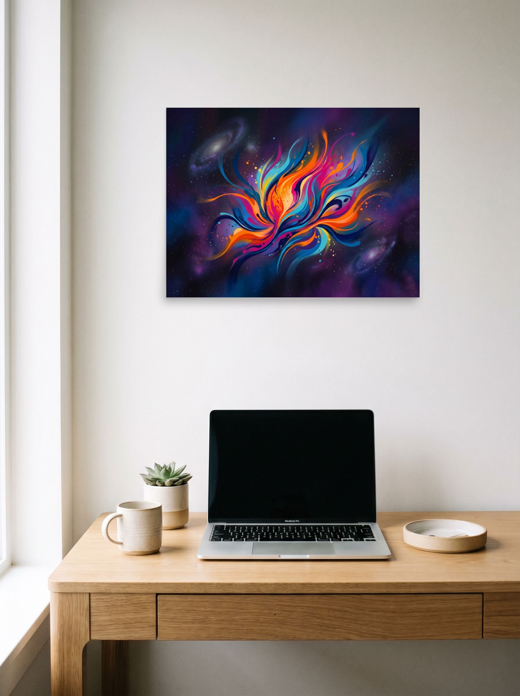 A 24x18 inch unframed paper Abstract art print of 'Cosmic Flora' hanging above a worktable with a laptop.