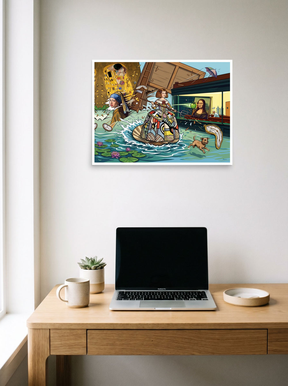 Pop art wall art 'Art History Collision', unframed paper at 24x18 inch, displayed over a compact desk setup.