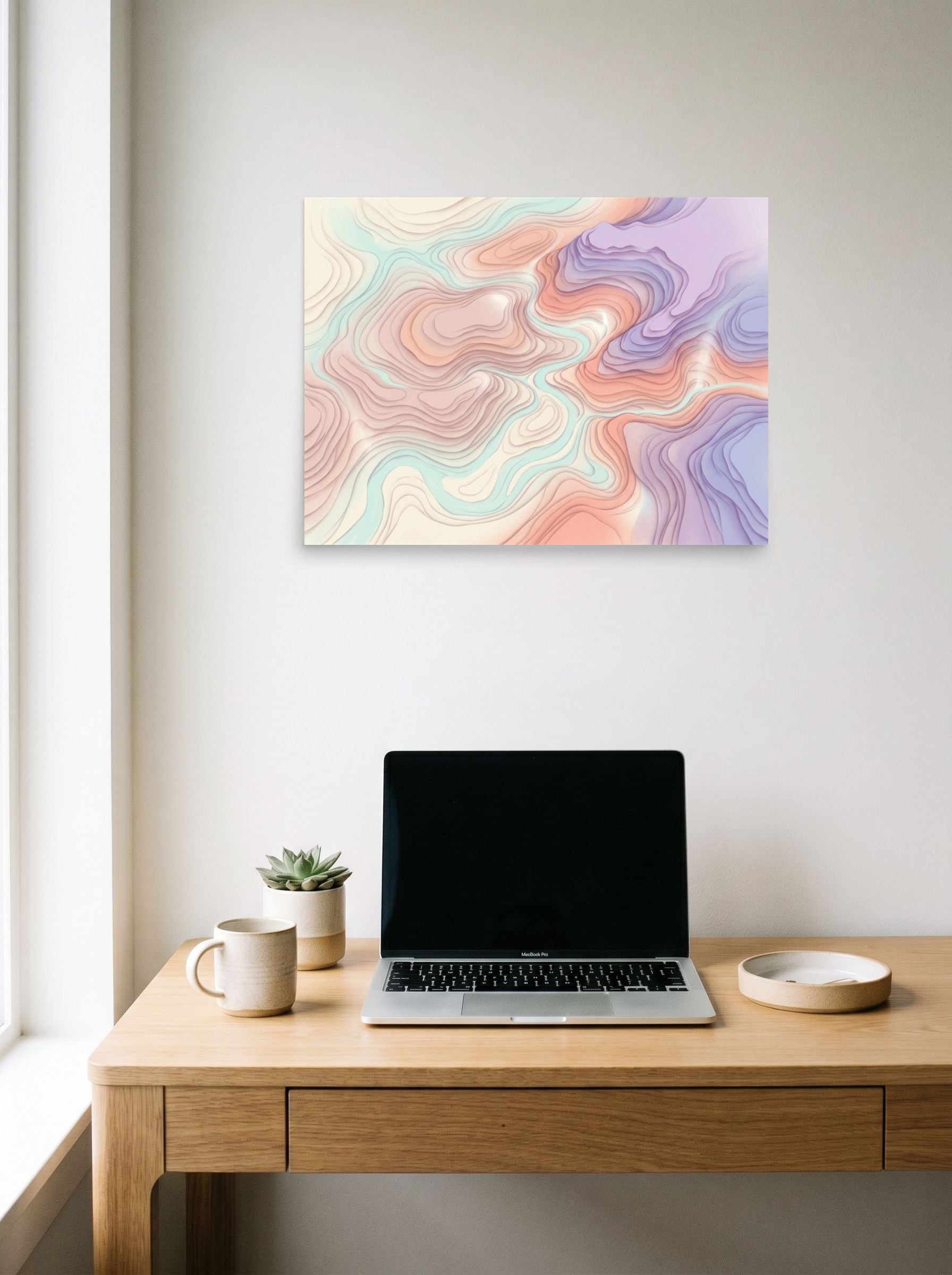 A 24x18 inch unframed paper Abstract art,Geometric abstract art print of 'Pastel Topography' hanging above a worktable with a laptop.