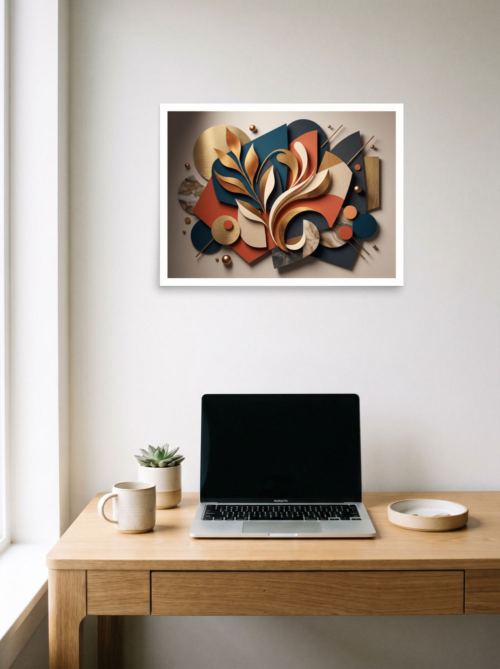 'Botanical Relief in Gold and Teal' as a unframed paper print, 24x18 inch, displayed over a compact desk setup.