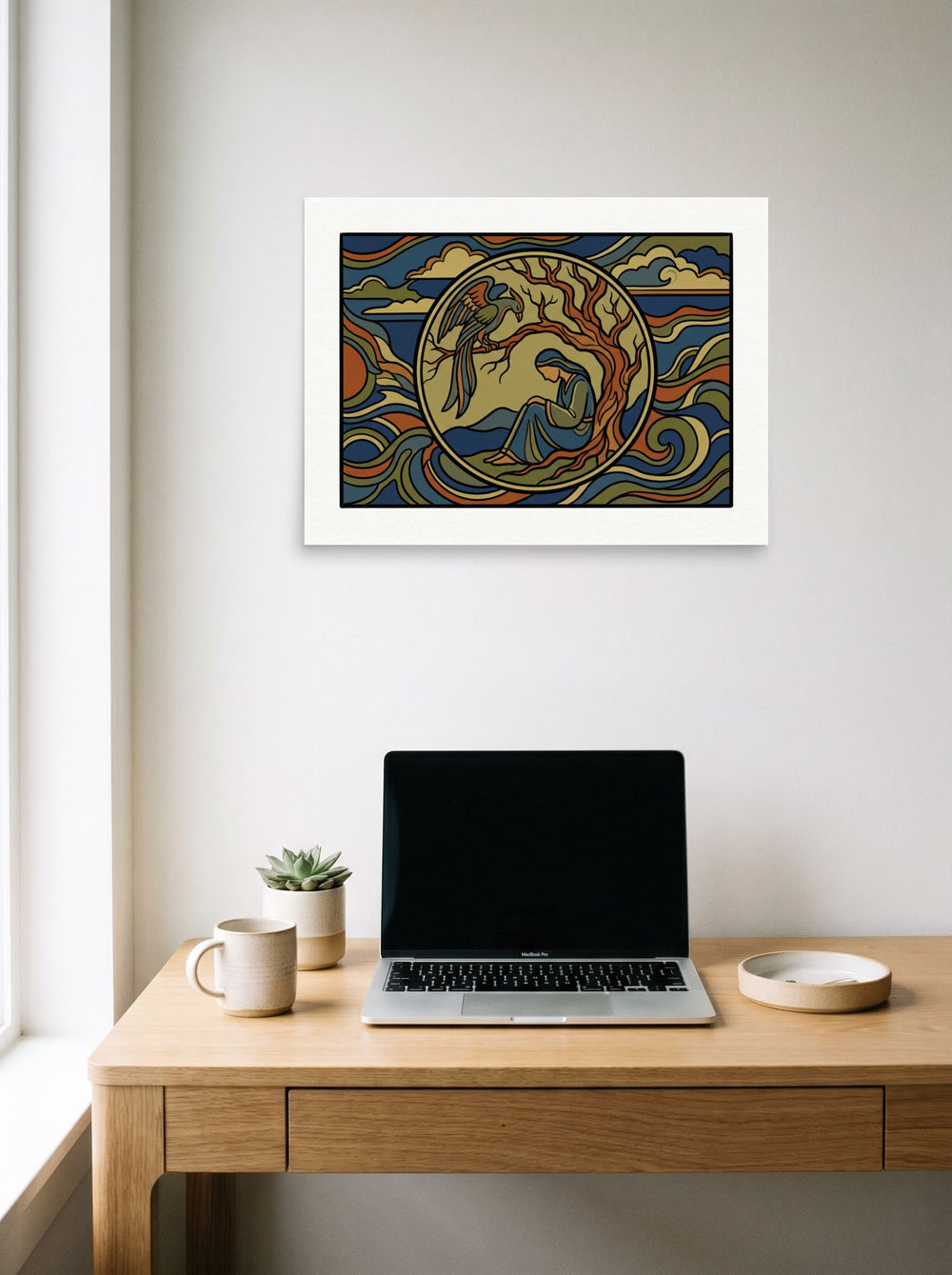 A 24x18 inch unframed paper Cloisonnism,Symbolism print of 'Mythic Solitude' hanging above a worktable with a laptop.