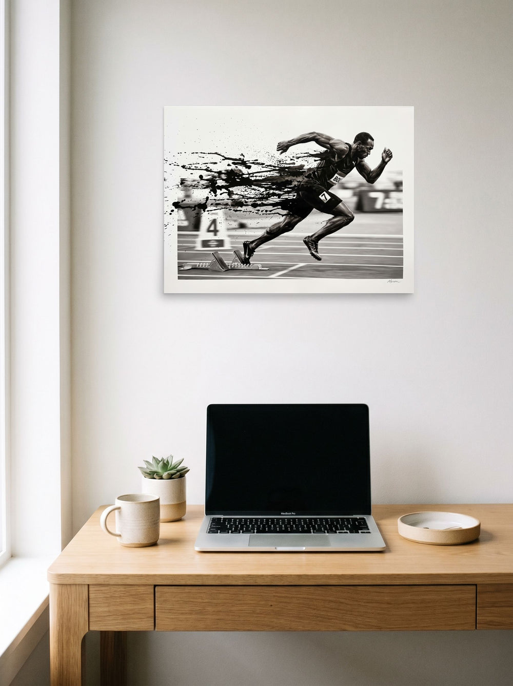 The Realism print 'Explosion off the Blocks', 24x18 inch unframed paper, displayed over a compact desk setup.