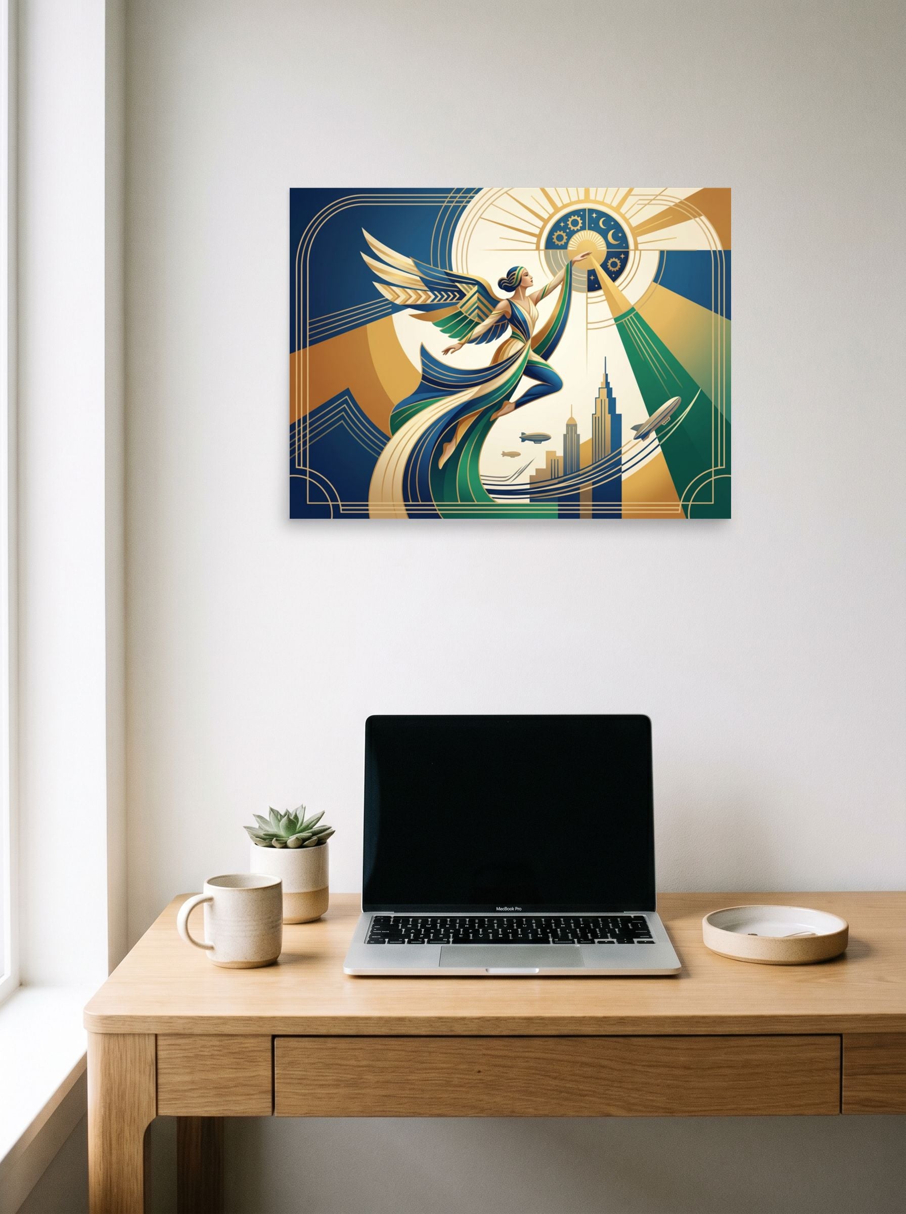 A 24x18 inch unframed paper Art Deco print of 'Celestial Flight' hanging above a worktable with a laptop.