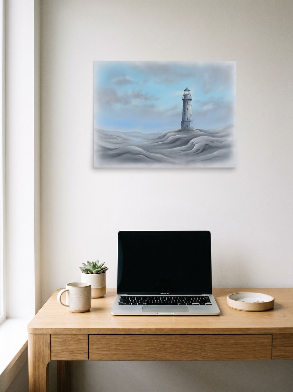 A 24x18 inch unframed paper Realism print of 'The Silent Beacon' hanging above a worktable with a laptop.