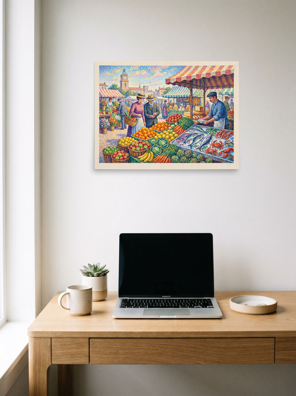 Mockup of 'Morning at the Town Market' as a 24x18 inch unframed paper print, styled above a home-office workspace.