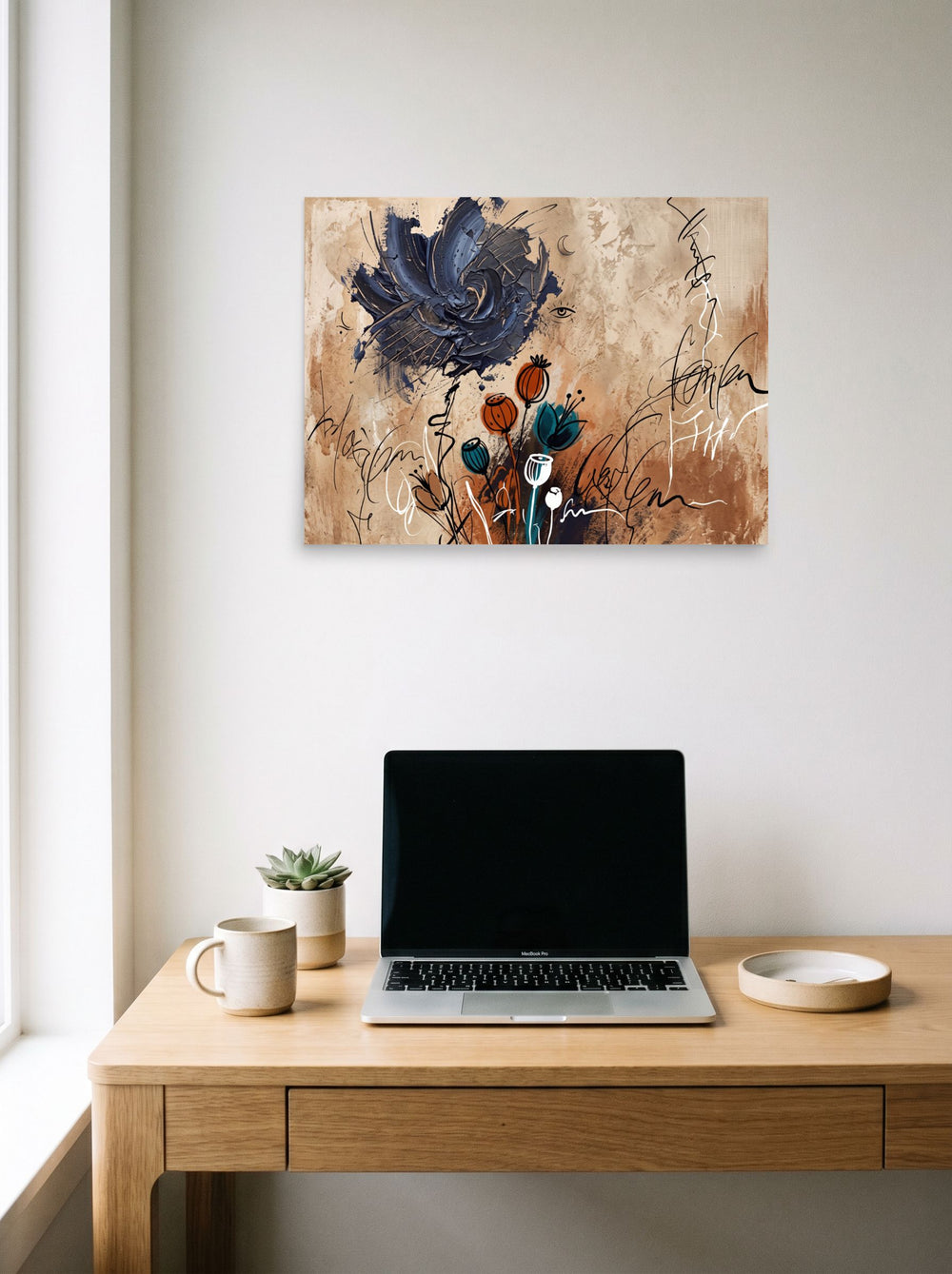 The Dau-al-Set print 'Nocturnal Blossom', 24x18 inch unframed paper, hanging above a worktable with a laptop.