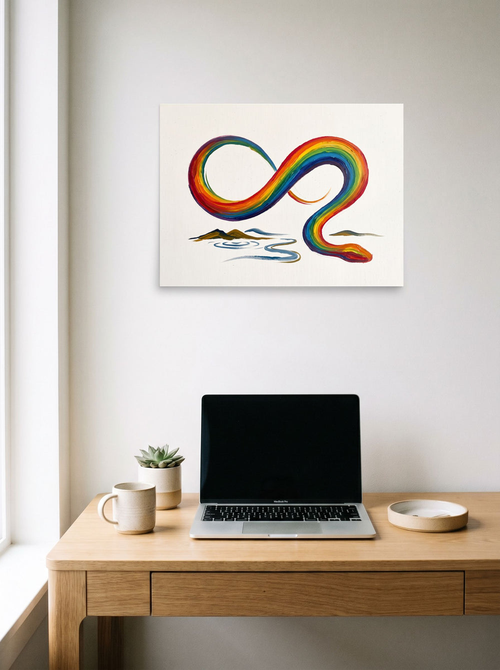 The Expressionism print 'Eternal Rainbow Serpent', 24x18 inch unframed paper, displayed over a compact desk setup.