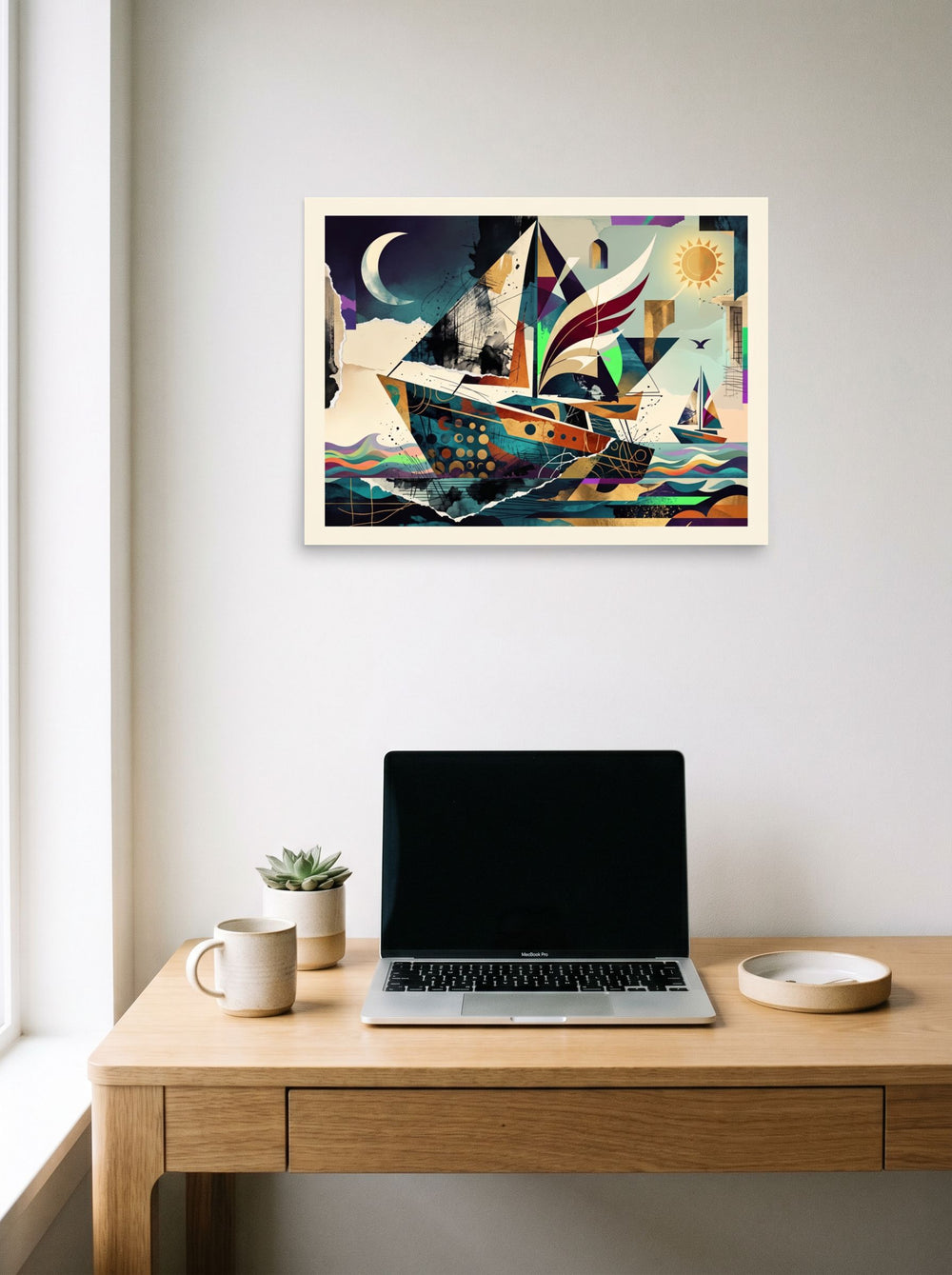 The Dau-al-Set print 'Celestial Sailboat', 24x18 inch unframed paper, styled above a home-office workspace.