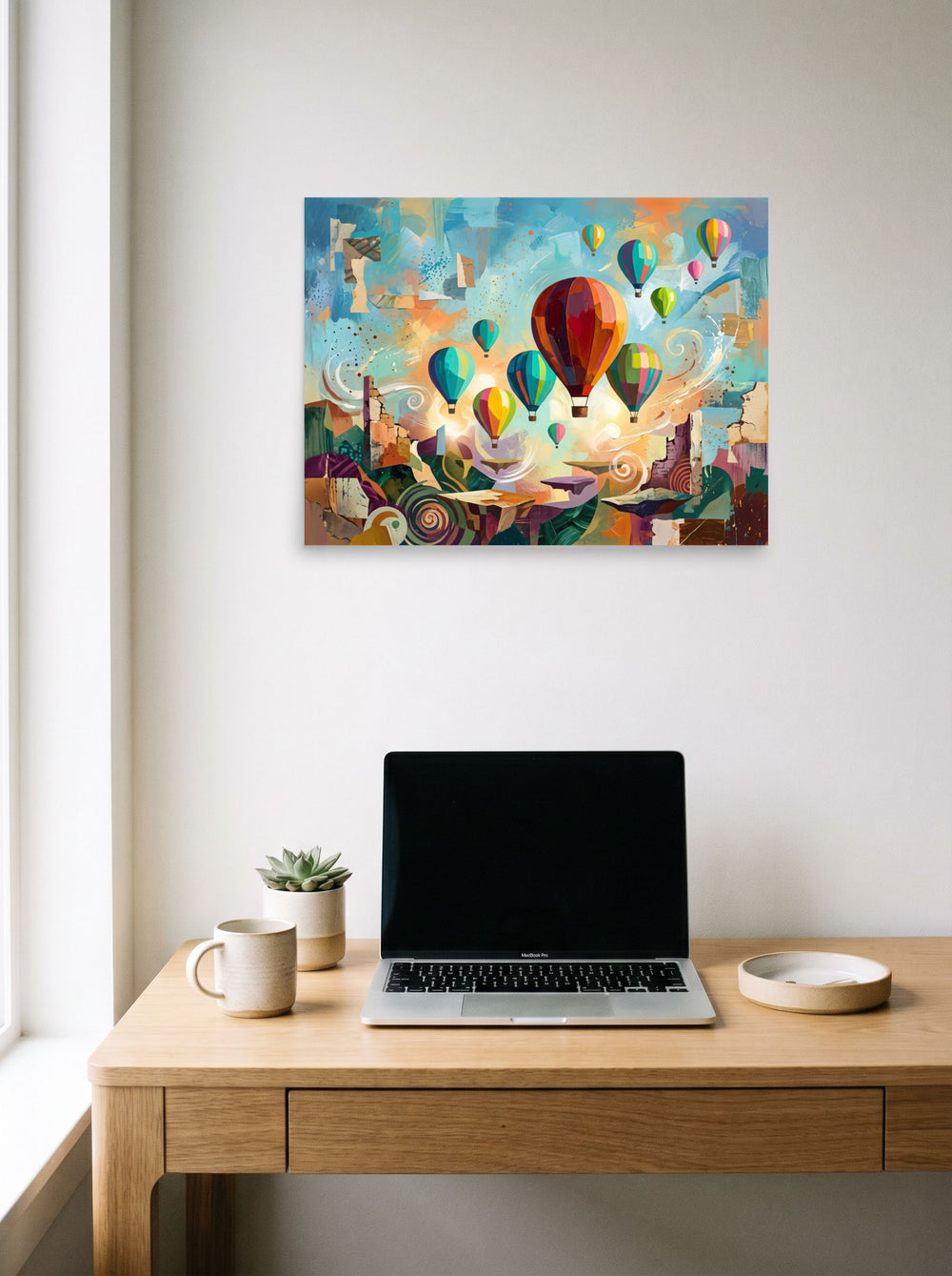 'Skyward Reverie' displayed over a compact desk setup, printed as unframed paper at 24x18 inch.