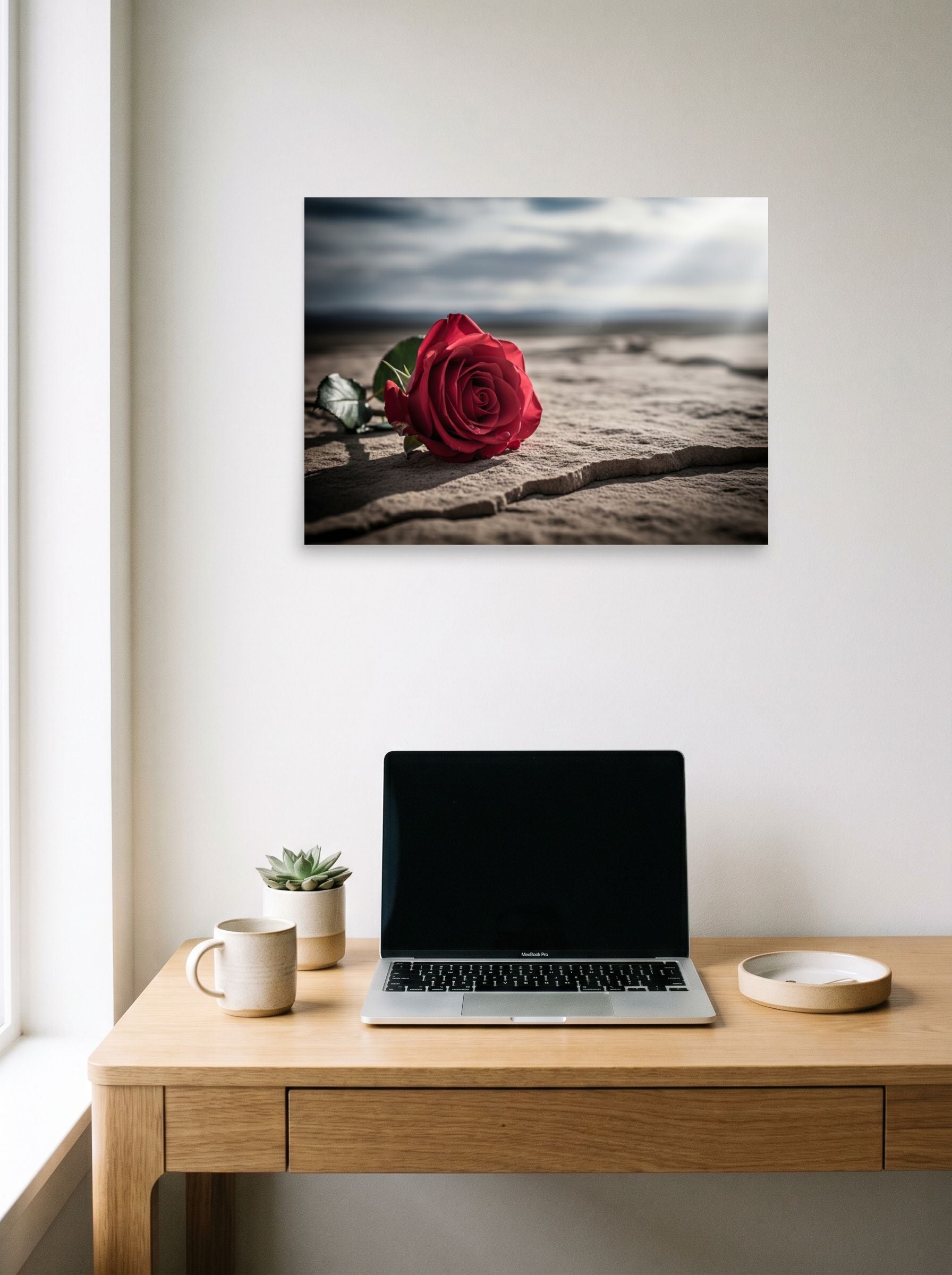 A 24x18 inch unframed paper Art photography print of 'Red Rose on Stone' hanging above a worktable with a laptop.