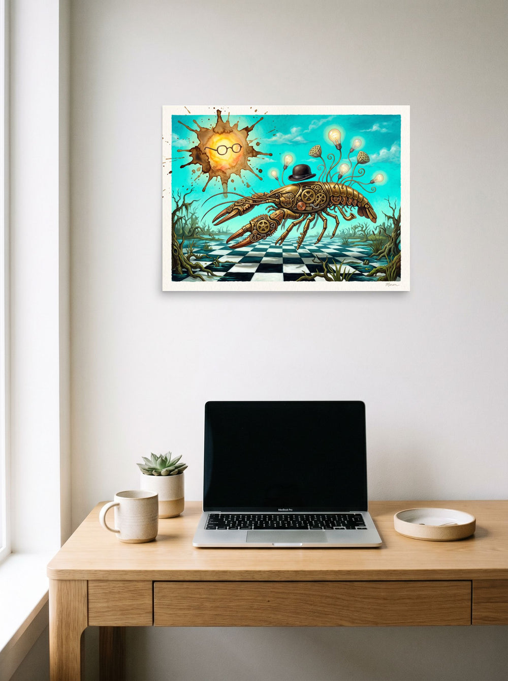 unframed paper wall art 'The Clockwork Lobster' hanging above a worktable with a laptop, at 24x18 inch.