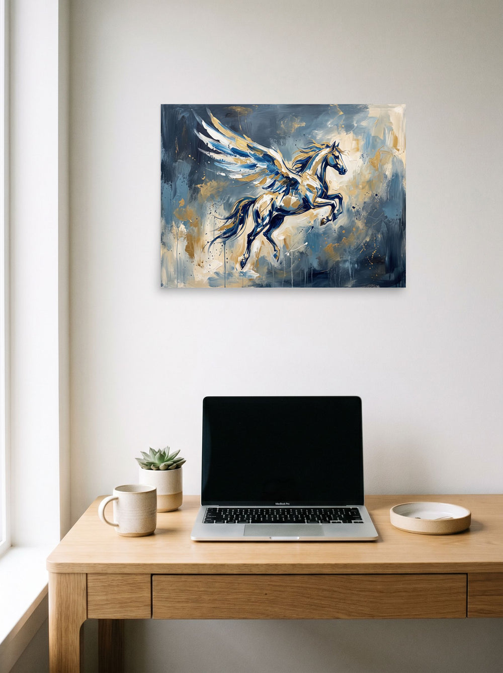 'Flight of Pegasus' in 24x18 inch unframed paper, styled above a home-office workspace.