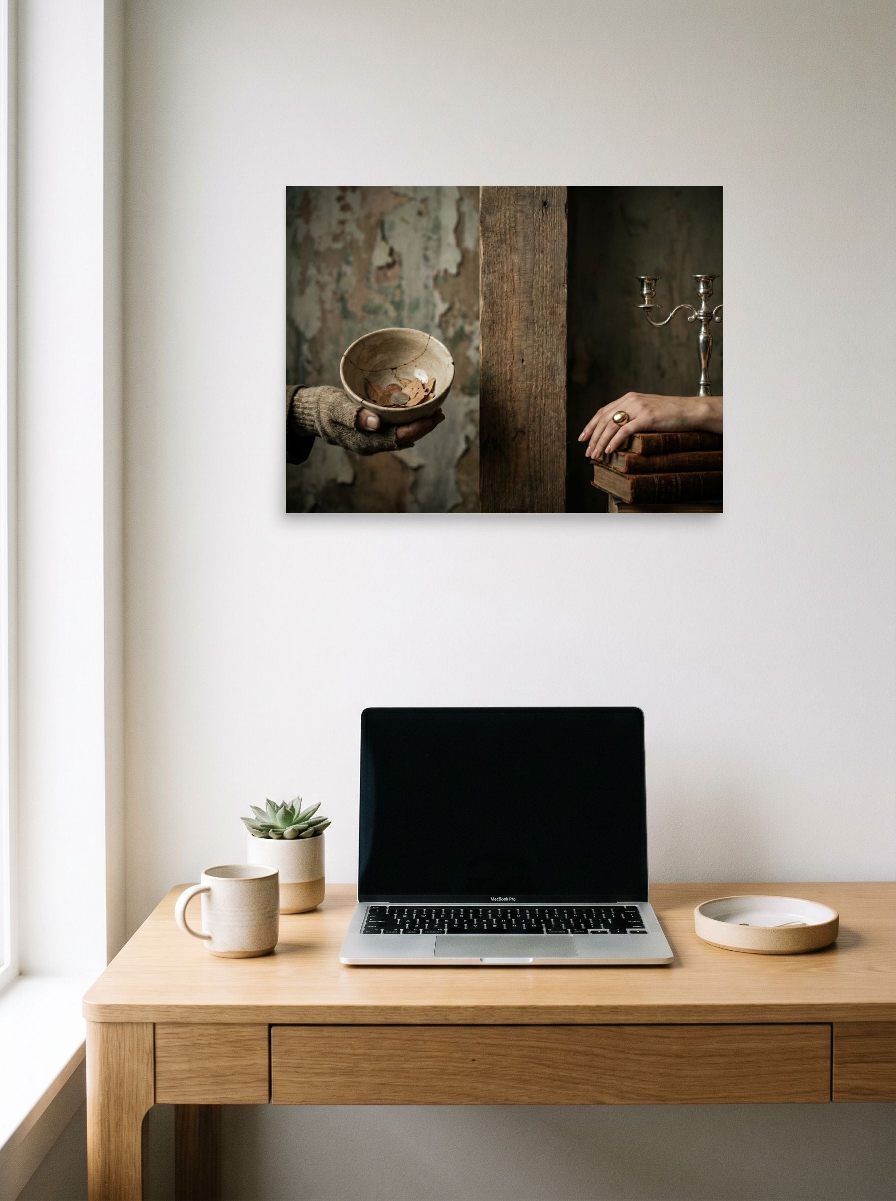 A 24x18 inch unframed paper Art photography print of 'The Divide' hanging above a worktable with a laptop.